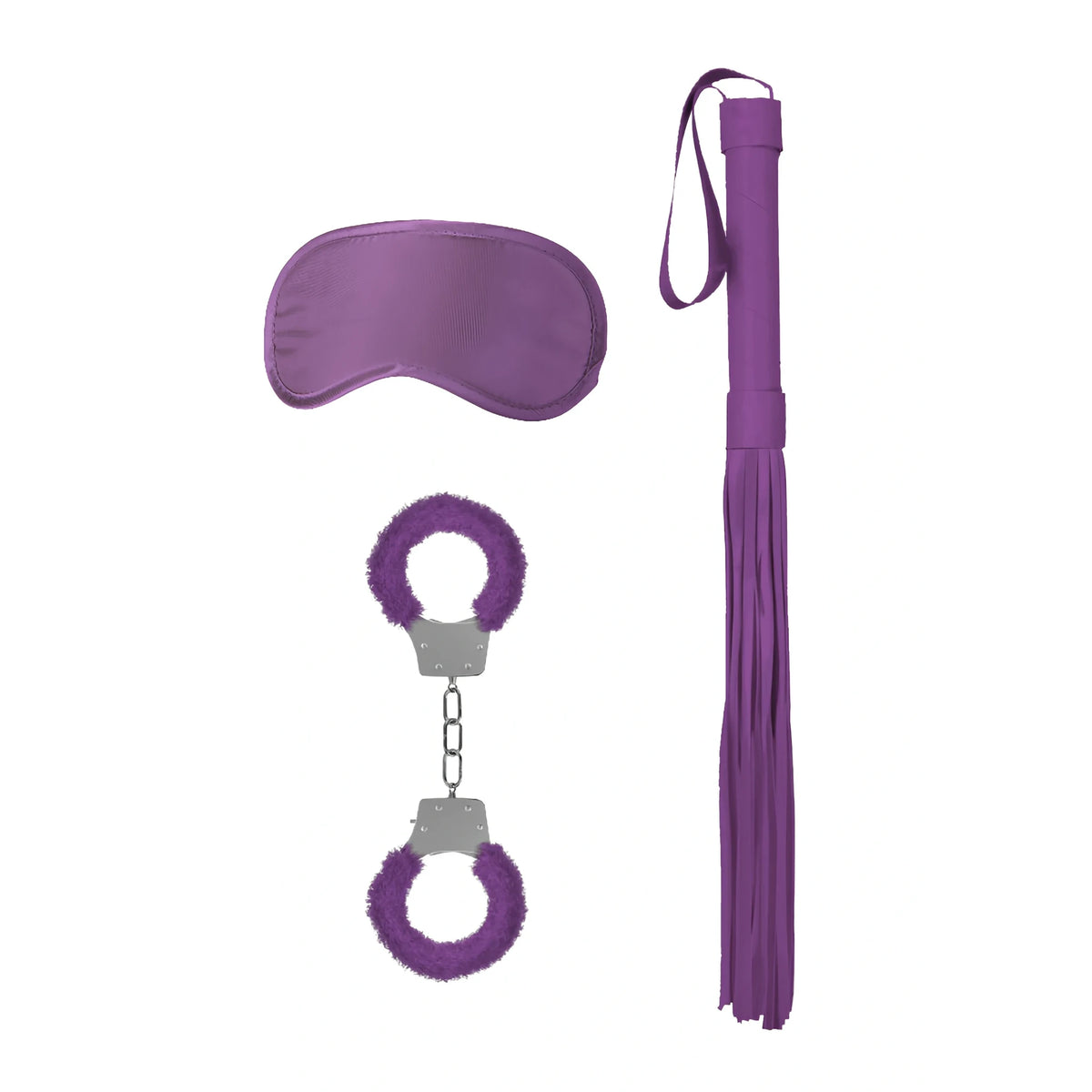 Комплект Introductory Bondage Kit No 1 на Ouch! в лилаво: маска за очи, пухкави белезници с метални части и камшик с ресни
