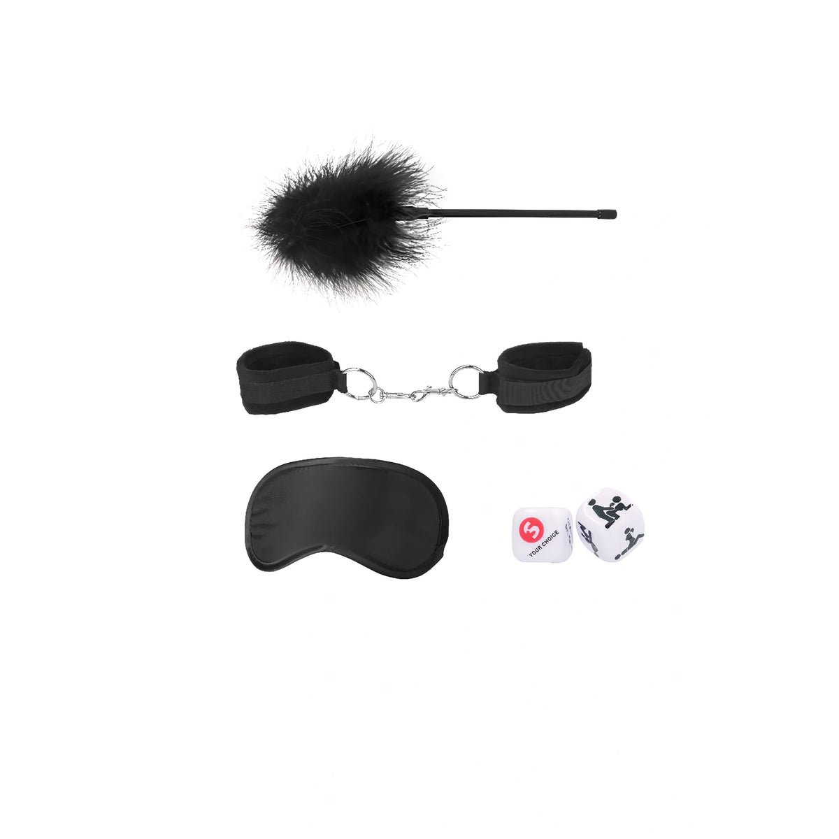 Комплект Ouch! Introductory Bondage Kit No 2 в черно: перце, меки белезници, превръзка за очи и две бели зарчета с илюстрации