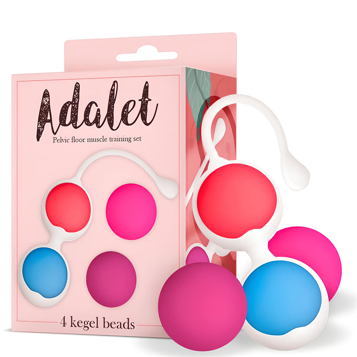 Комплект вагинални топчета Adalet: розова кутия с надпис „4 kegel beads“ и четири цветни топчета в червено, розово, синьо и бордо