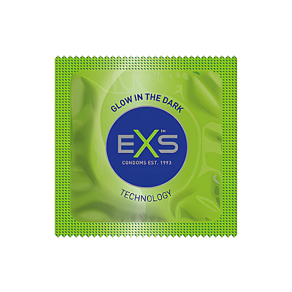Зелена квадратна опаковка на кондом EXS Glowing със синьо лого EXS в средата и надпис Glow in the dark Technology