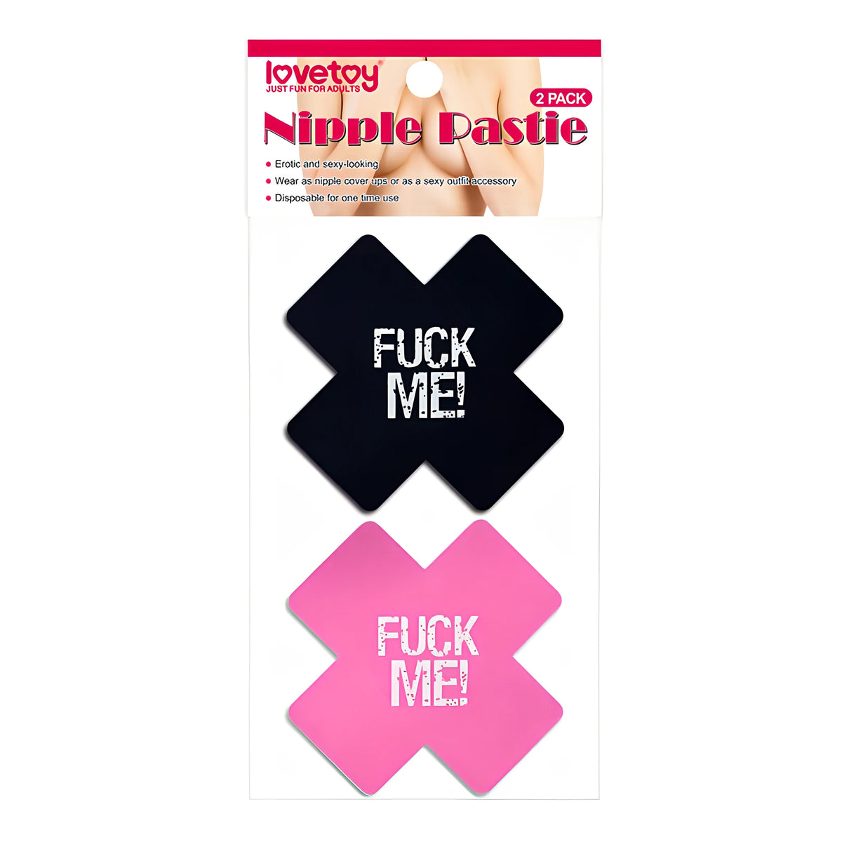 Лепенки за гърди Fuck Me в опаковка Lovetoy 2 pack: черна и розова кръстовидна лепенка с бял надпис „Fuck Me!“