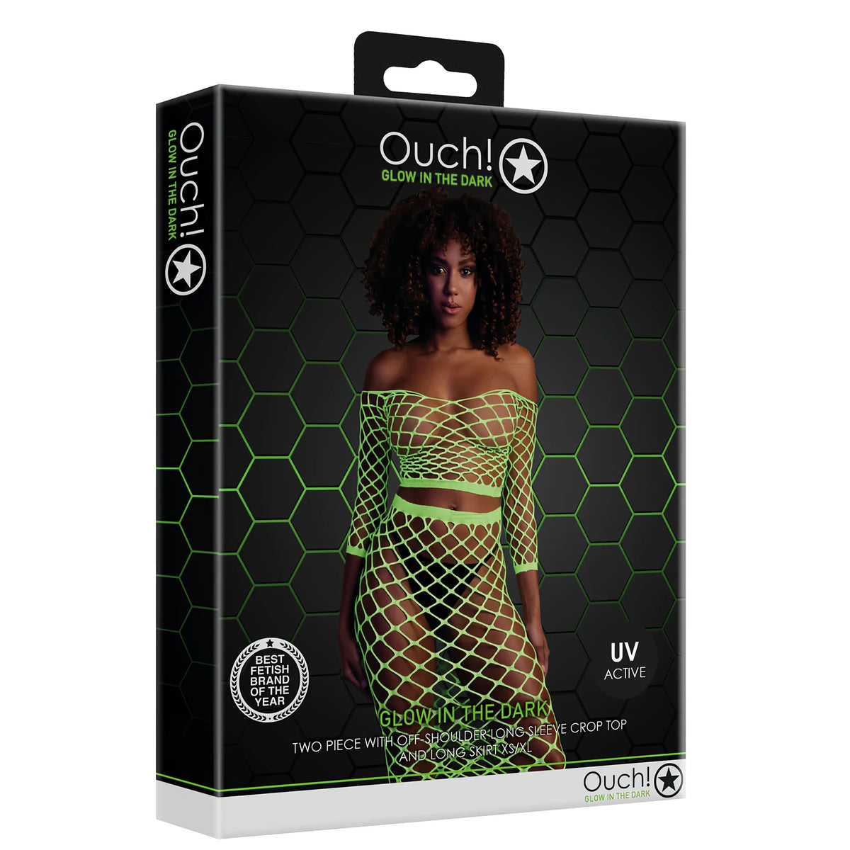 Черна кутия на Ouch! Glow in the Dark с модел в неоново зелен мрежест топ с дълъг ръкав и дълга пола, надпис UV Active
