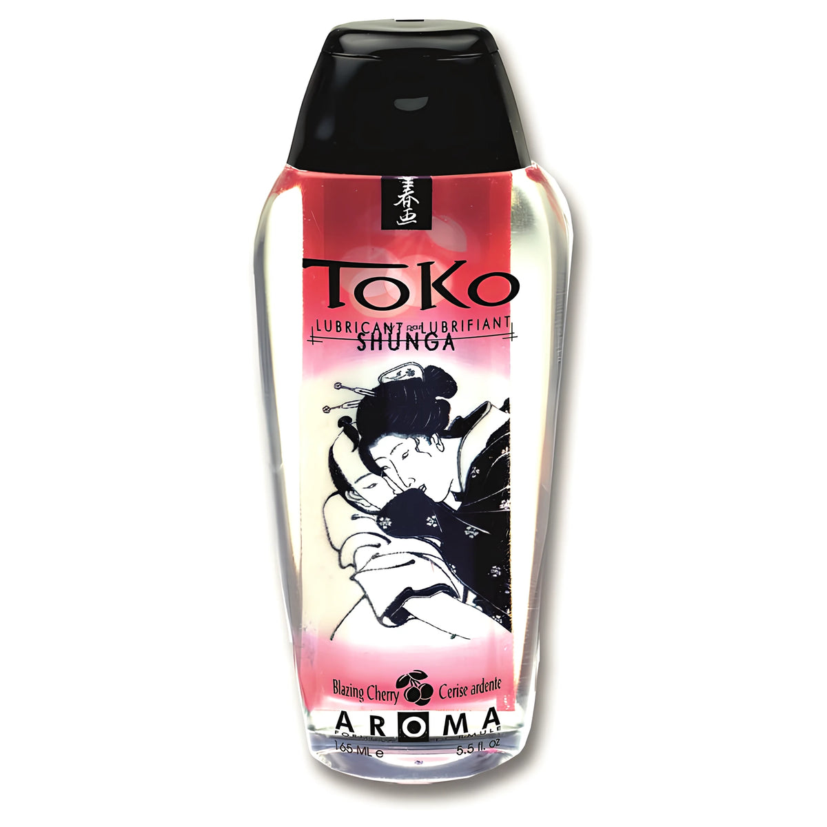 Прозрачна бутилка Shunga Toko Aroma с черна капачка и червено-розов етикет с японска илюстрация, аромат Blazing Cherry, 165 мл