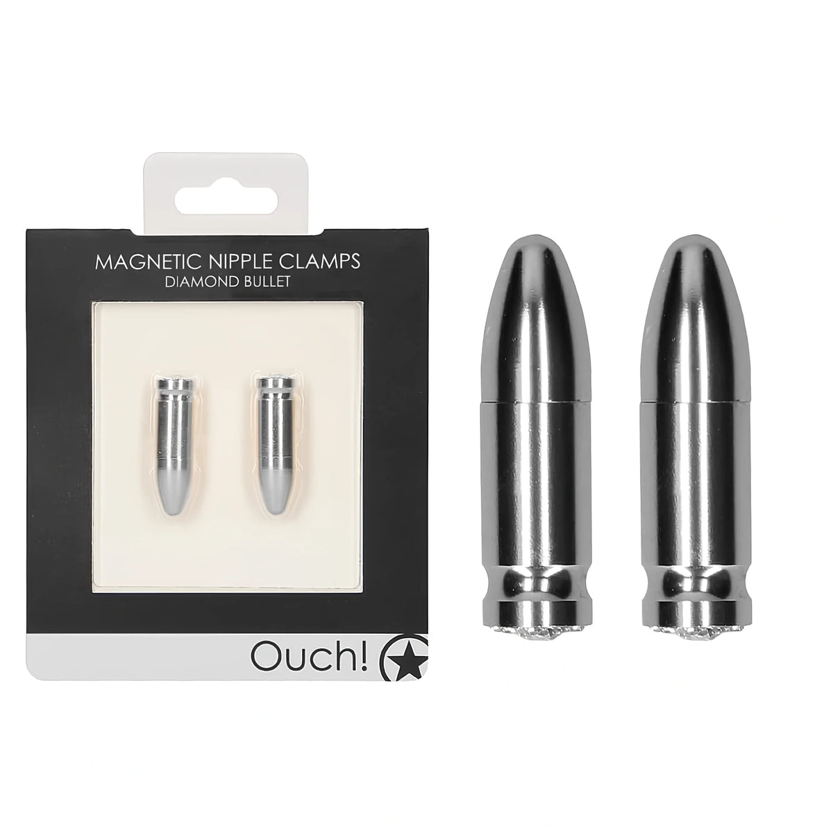 Магнитни щипки Ouch! Diamond Bullet в черна опаковка с прозорец до две сребристи щипки във формата на куршум с кристал в основата