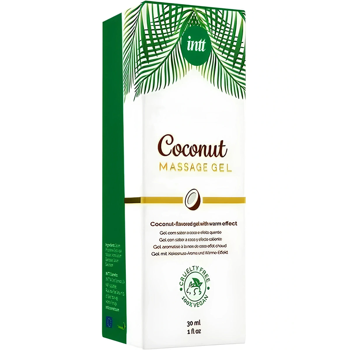 Кутия на масажен гел Intt Coconut 30 мл в бяло и зелено, с палмови листа, надпис Massage Gel и знак Cruelty free, 100% vegan