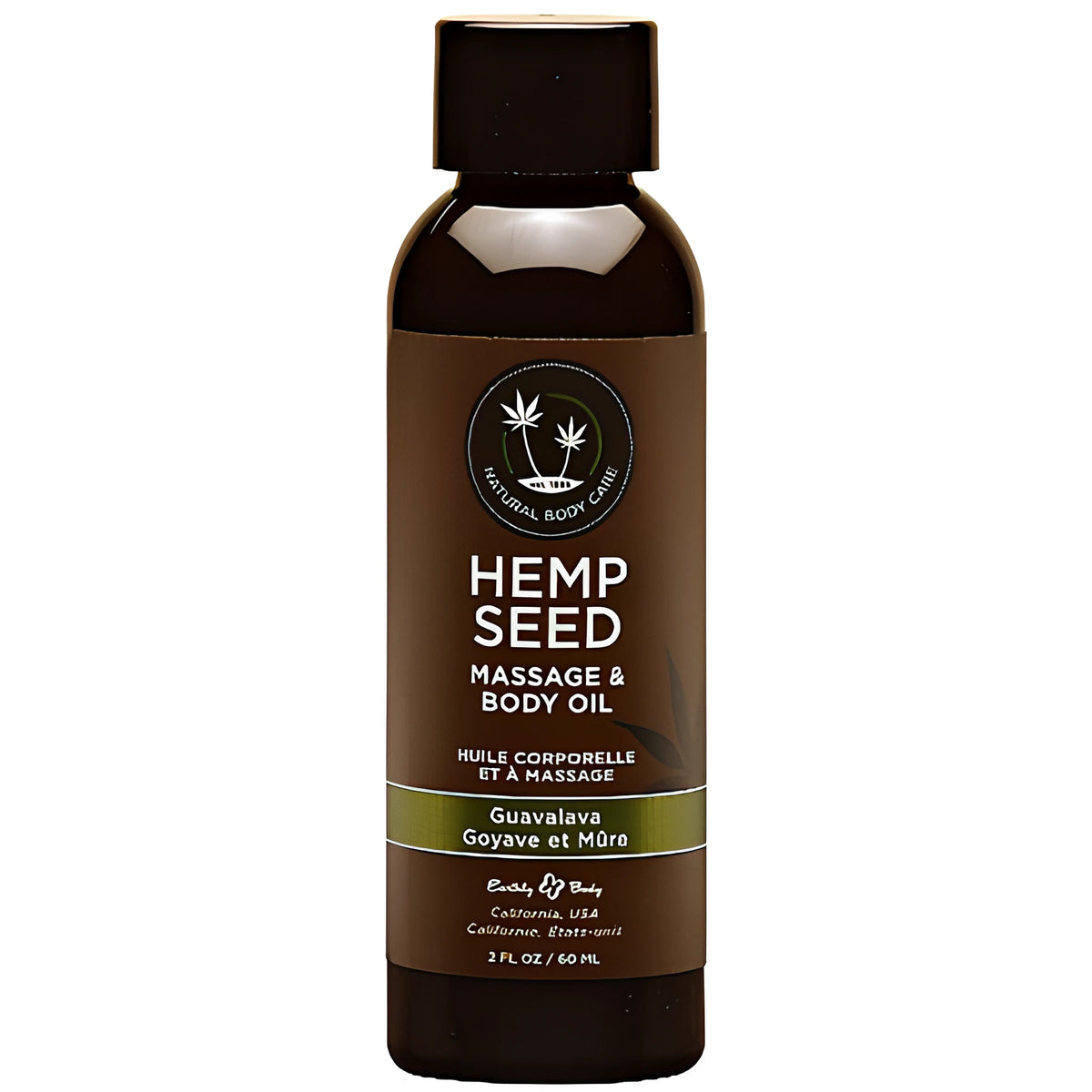 Тъмна бутилка с черен капак на масажно олио Hemp Seed на Earthly Body с аромат гуава (Guavalava), 60 мл, поглед отпред