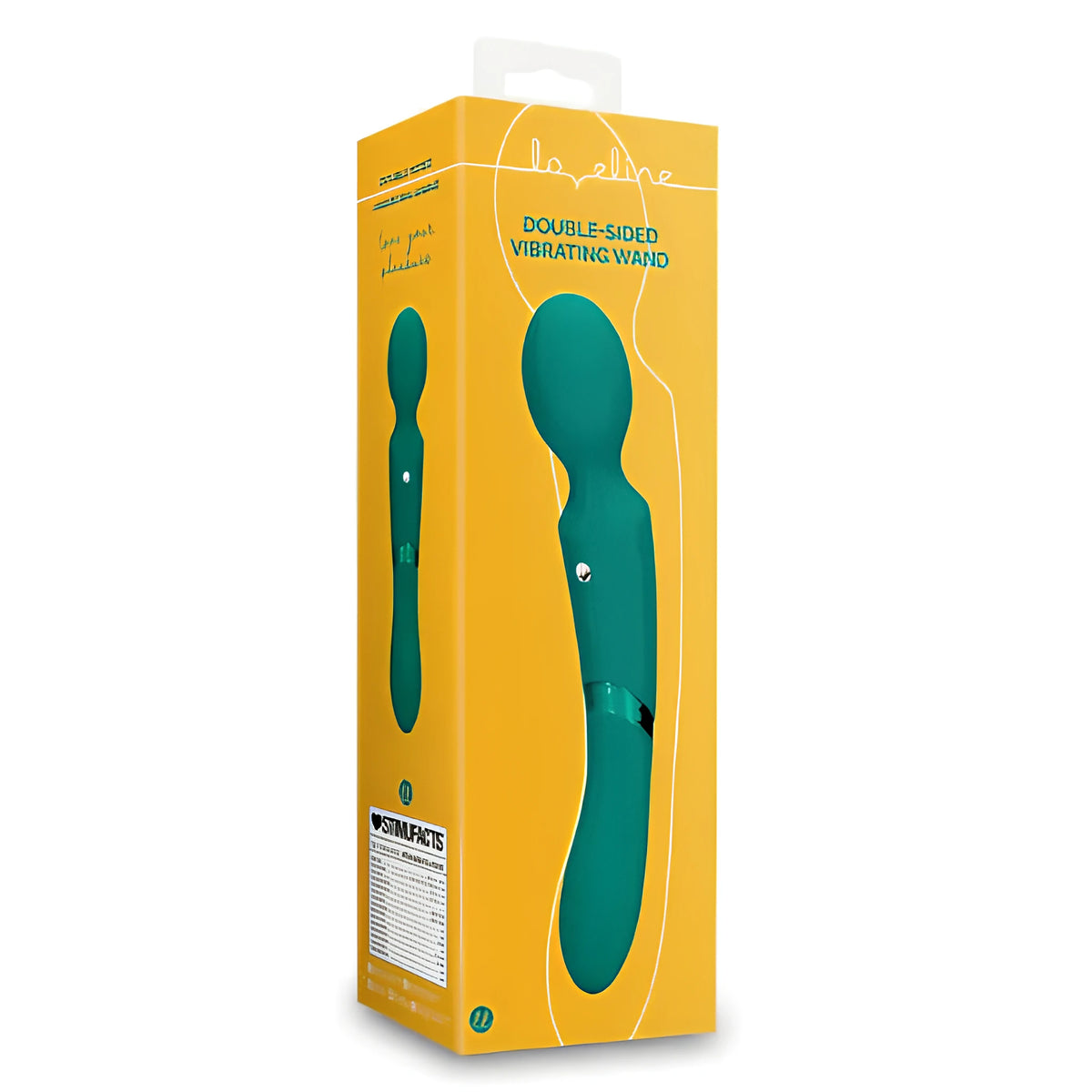 Жълта кутия на масажор Double-Sided с изображение на зеления уред и надпис „Double-Sided Vibrating Wand“, ъглов изглед