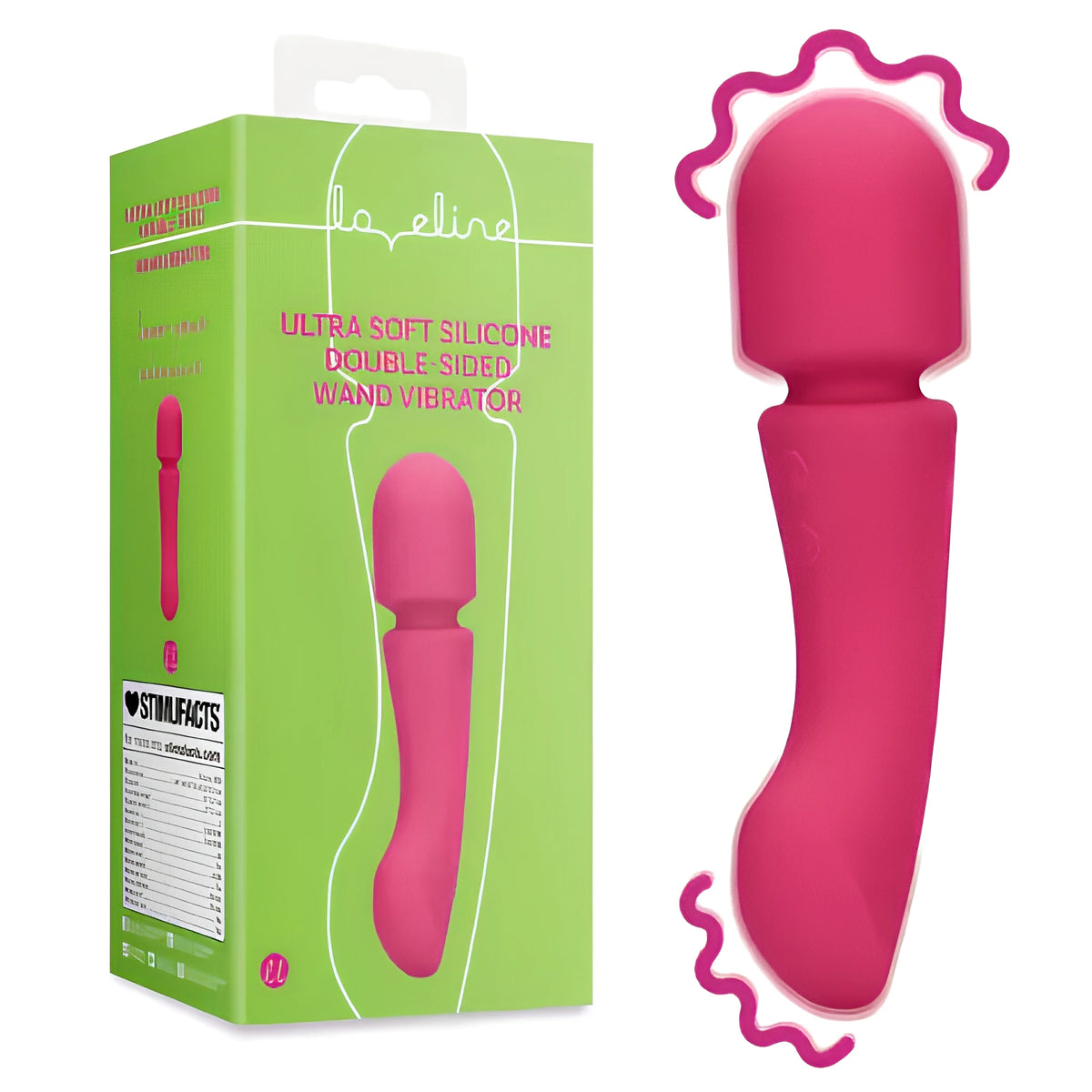 Масажор Double-Sided Ultra Soft Silicone на Shots: зелена кутия Loveline до розов силиконов уанд с вибрации от двата края