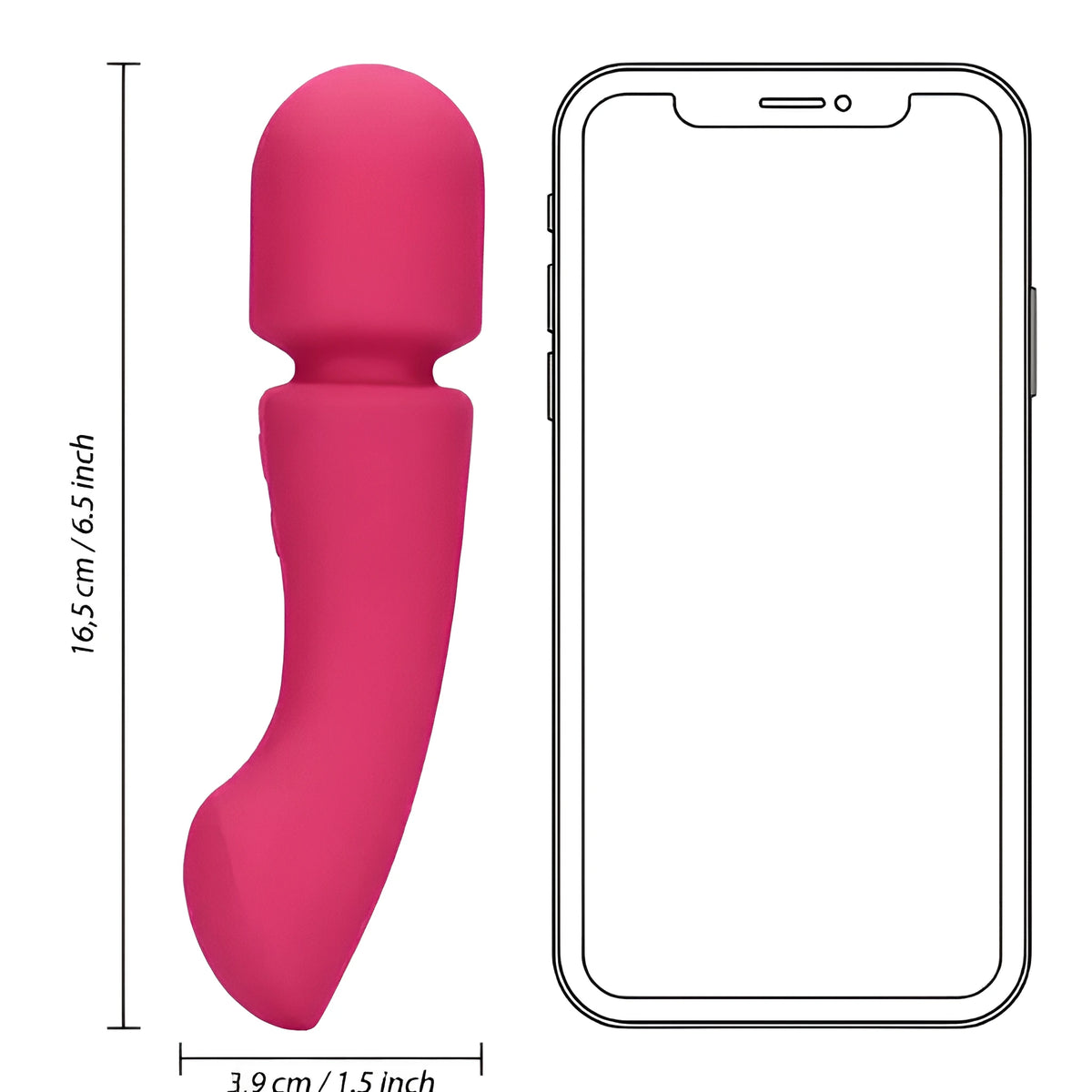 Розовият масажор Double-Sided Ultra Soft Silicone до контур на смартфон за сравнение на размера: 16,5 см височина и 3,9 см ширина