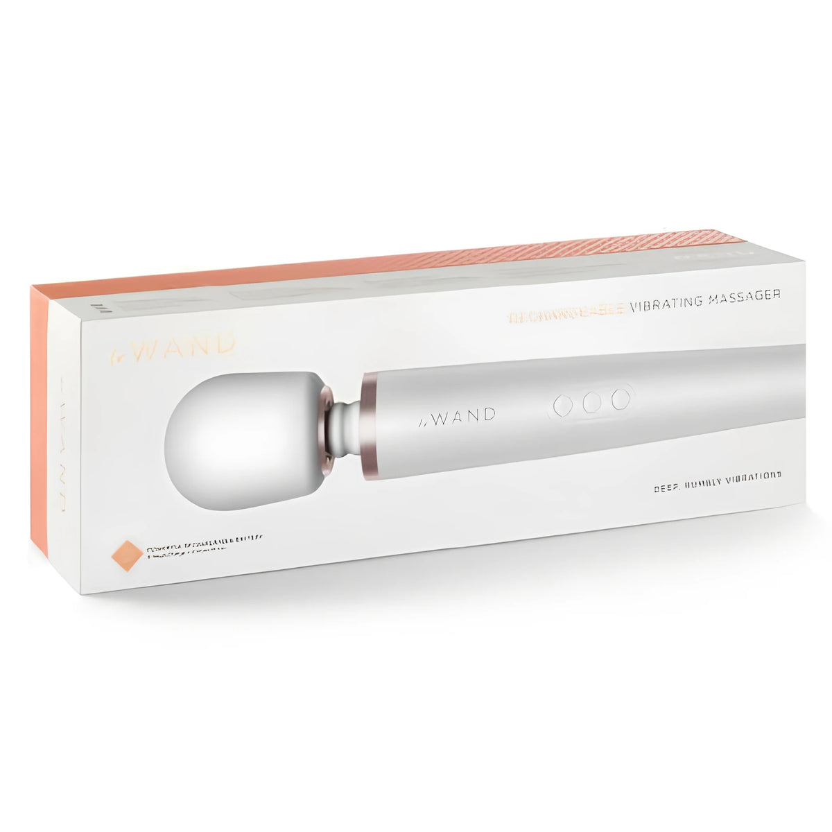 Бяла кутия на масажор Le WAND с розово-златисти акценти и надпис Rechargeable Vibrating Massager, през прозрачен прозорец се вижда продуктът