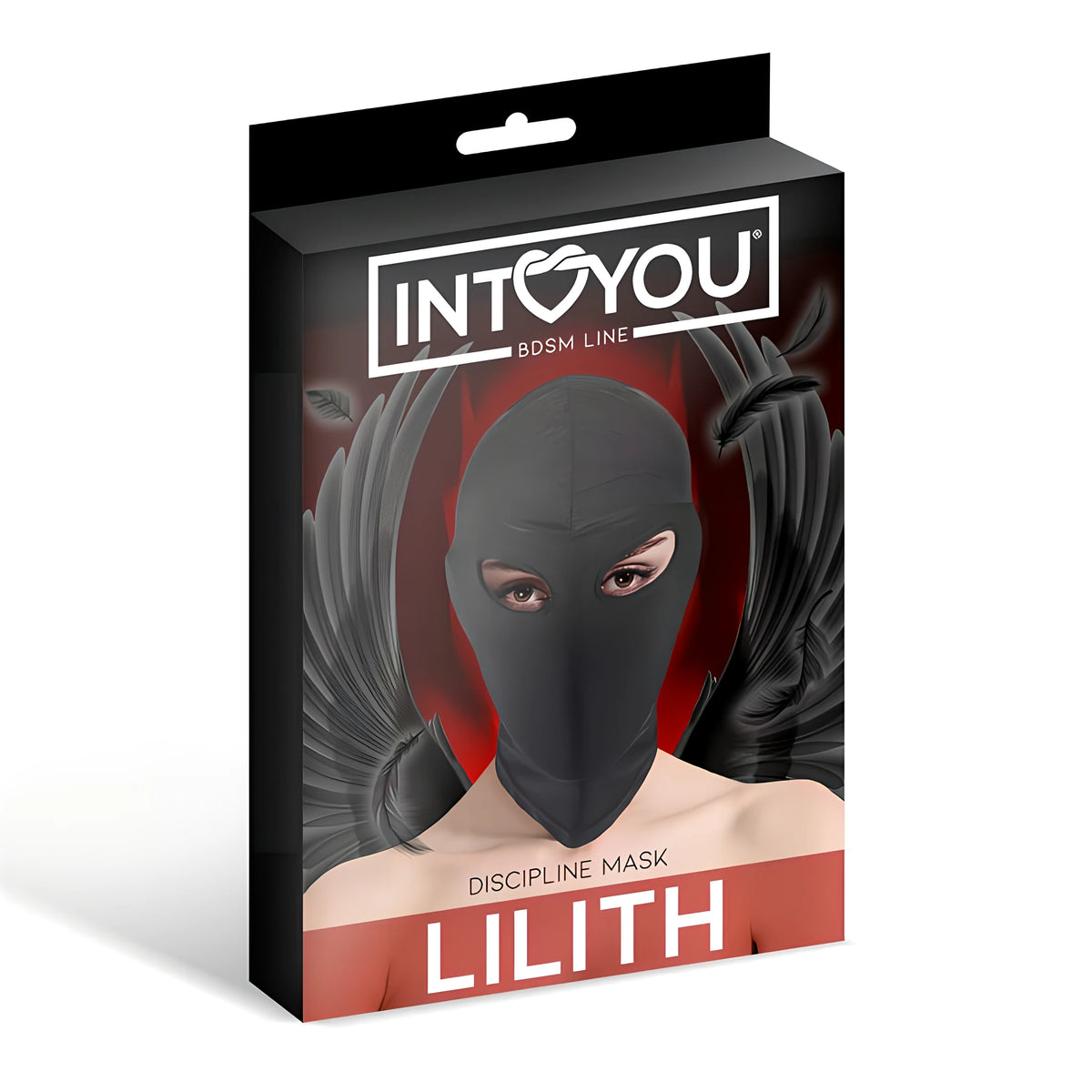 Черна кутия на маска Lilith на IntoYou, линия BDSM, с модел в черна текстилна качулка с отвори за очите и тъмни криле зад него