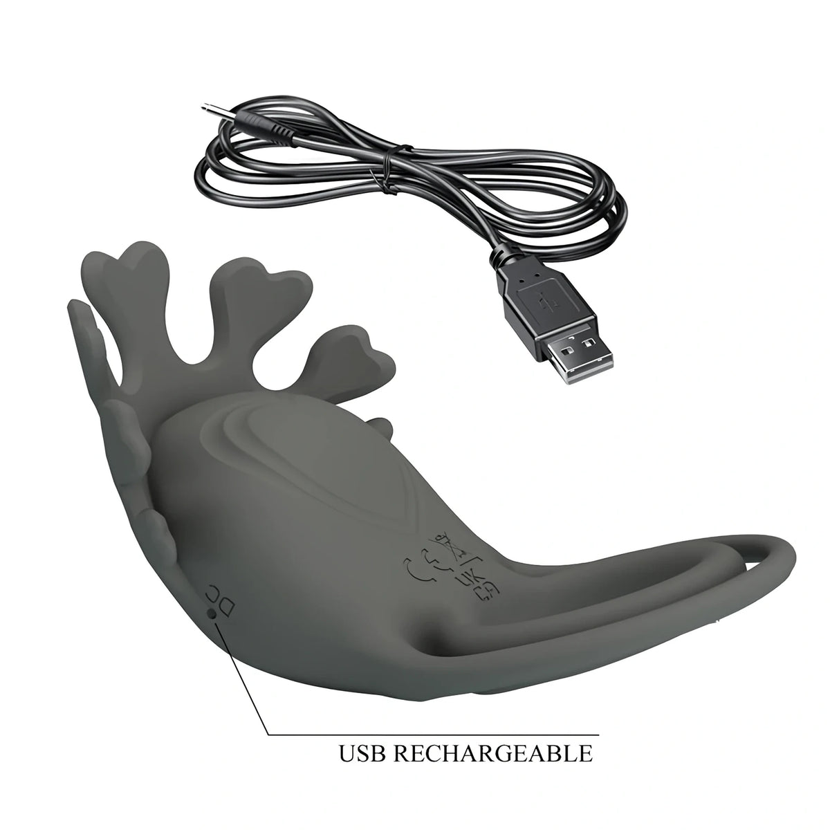 Master ring на Pretty Love в сив силикон с USB кабел за зареждане и надпис USB RECHARGEABLE до порта за зареждане