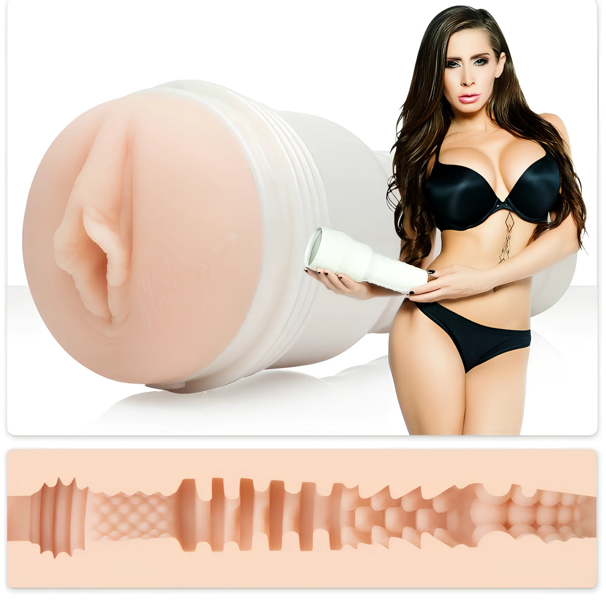 Мастурбатор Fleshlight Madison Ivy в бял корпус, до него жена в черно бельо държи капачката; отдолу е вътрешният релеф на ръкава