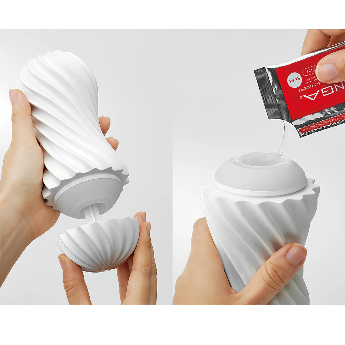 Tenga Flex бял: вляво се сваля долното капаче на спираловидния корпус, вдясно в отвора се излива лубрикант от червено саше