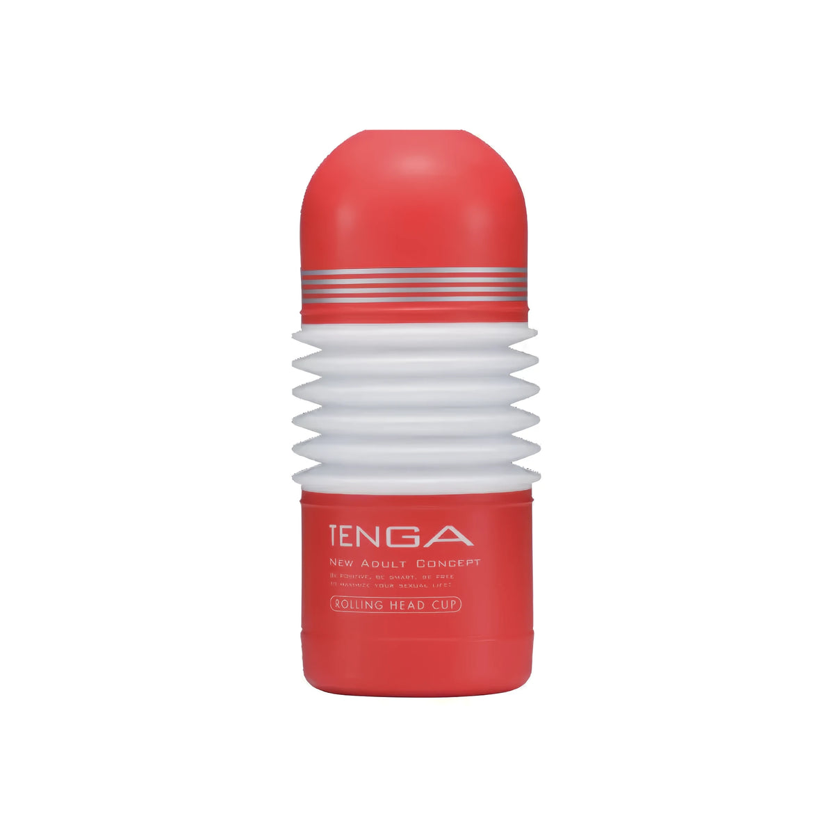 Tenga Rolling Head, преден изглед: червена капсула с бяла ребриста средна част и надпис Tenga Rolling Head Cup
