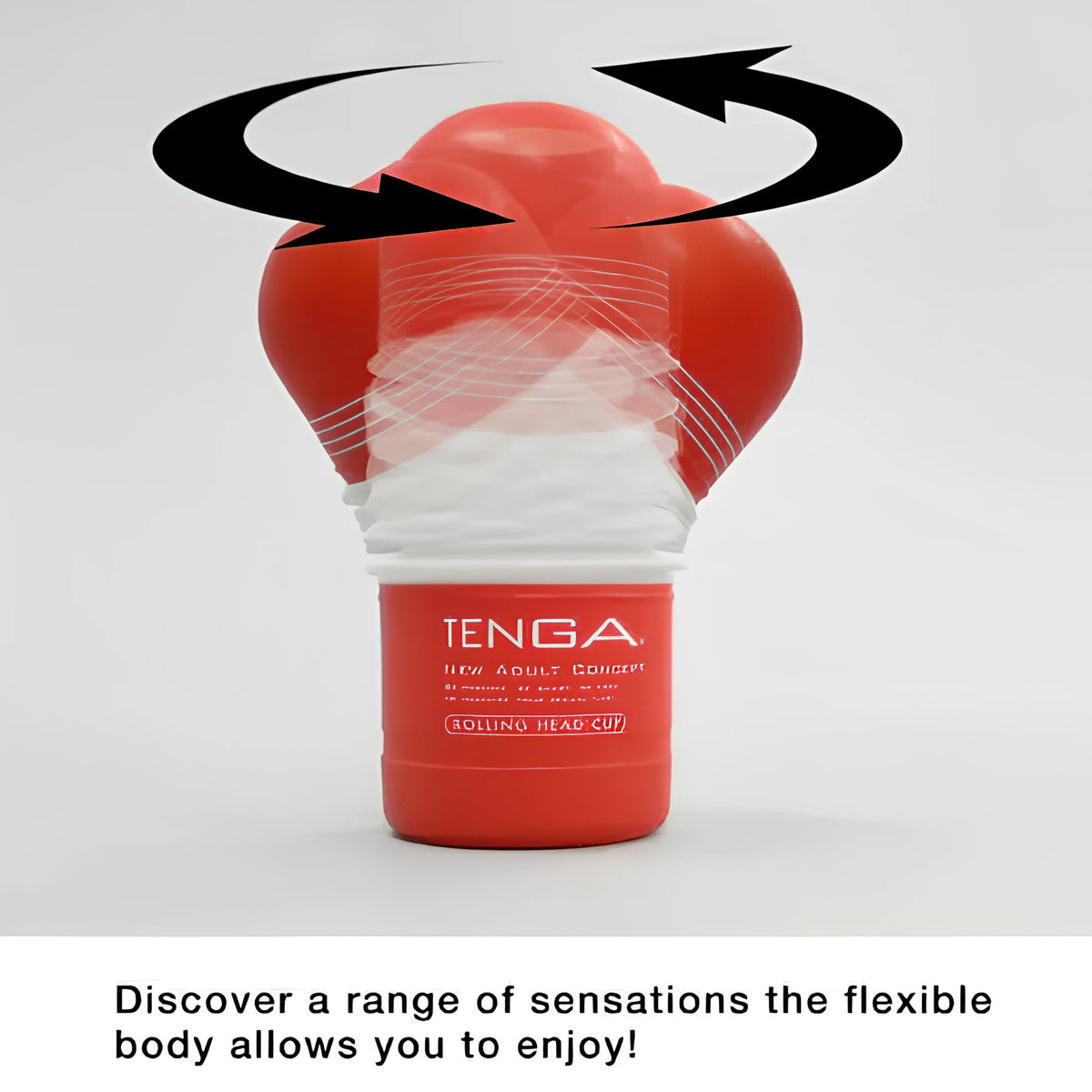 Tenga Rolling Head в червена опаковка с черни стрелки за въртене и текст, че гъвкавото тяло предлага различни усещания