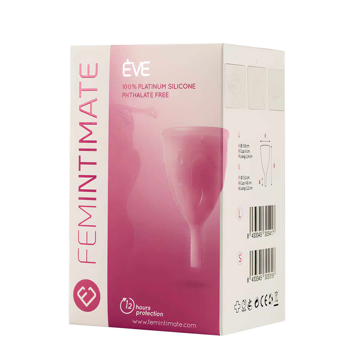 Розова кутия на менструална чашка Femintimate Eve със силиконова чашка, надпис „100% platinum silicone, phthalate free“ и размери на гърба