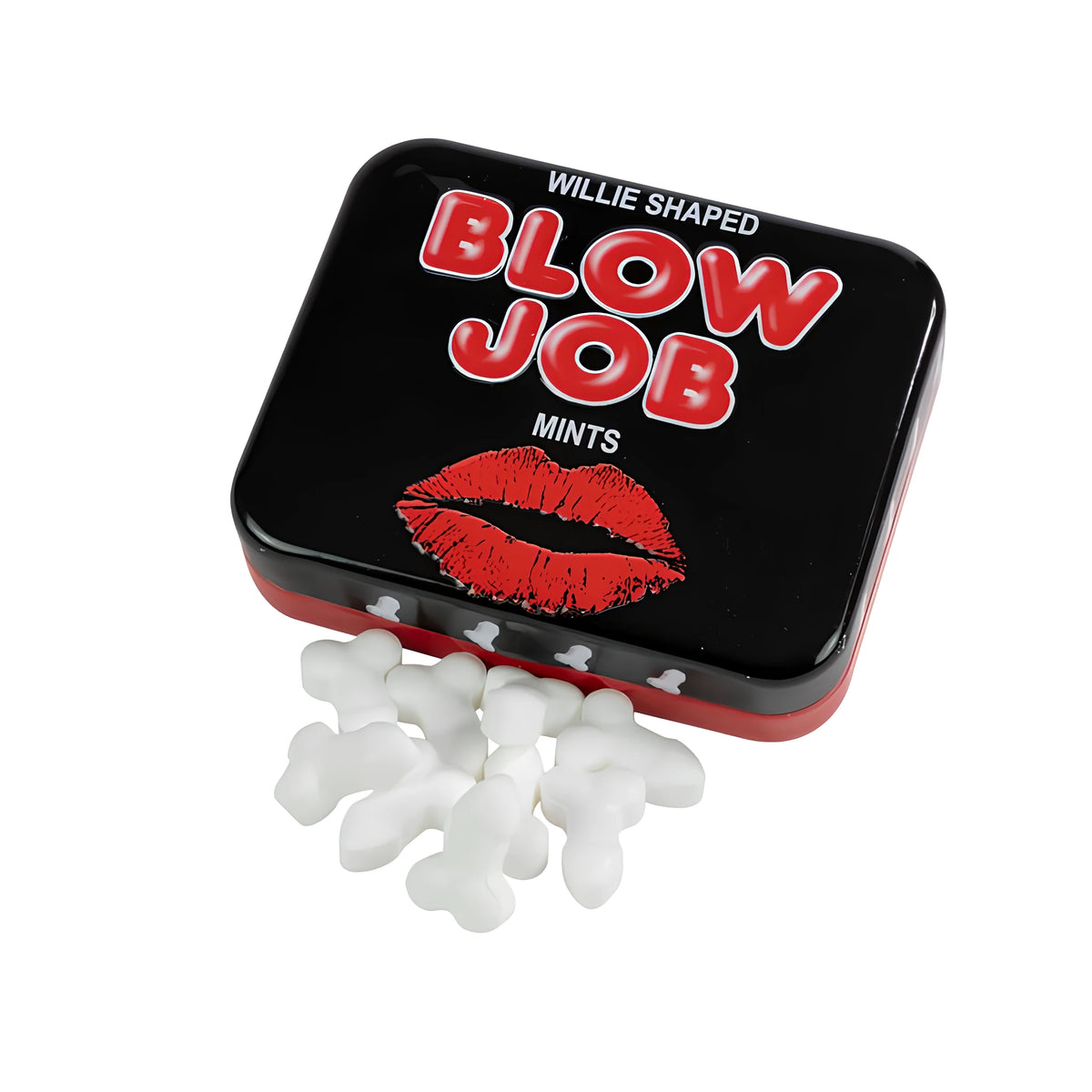 Черна метална кутийка Blow Job Mints с червени букви и устни, а пред нея са разпръснати бели ментови бонбони в забавна форма