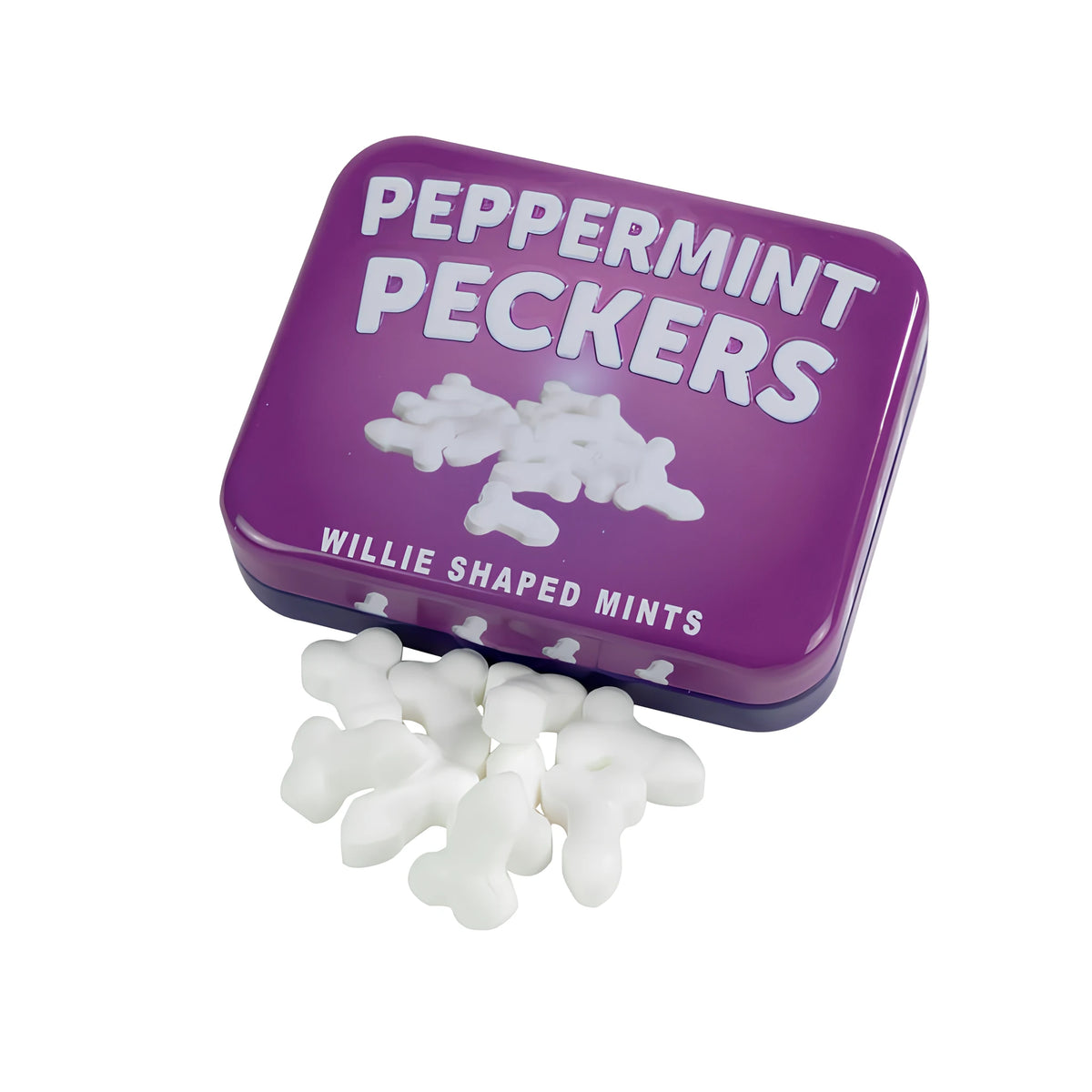 Лилава метална кутийка Peppermint Peckers с надпис „Willie shaped mints“ и разсипани бели ментови бонбони пред нея – изглед 2