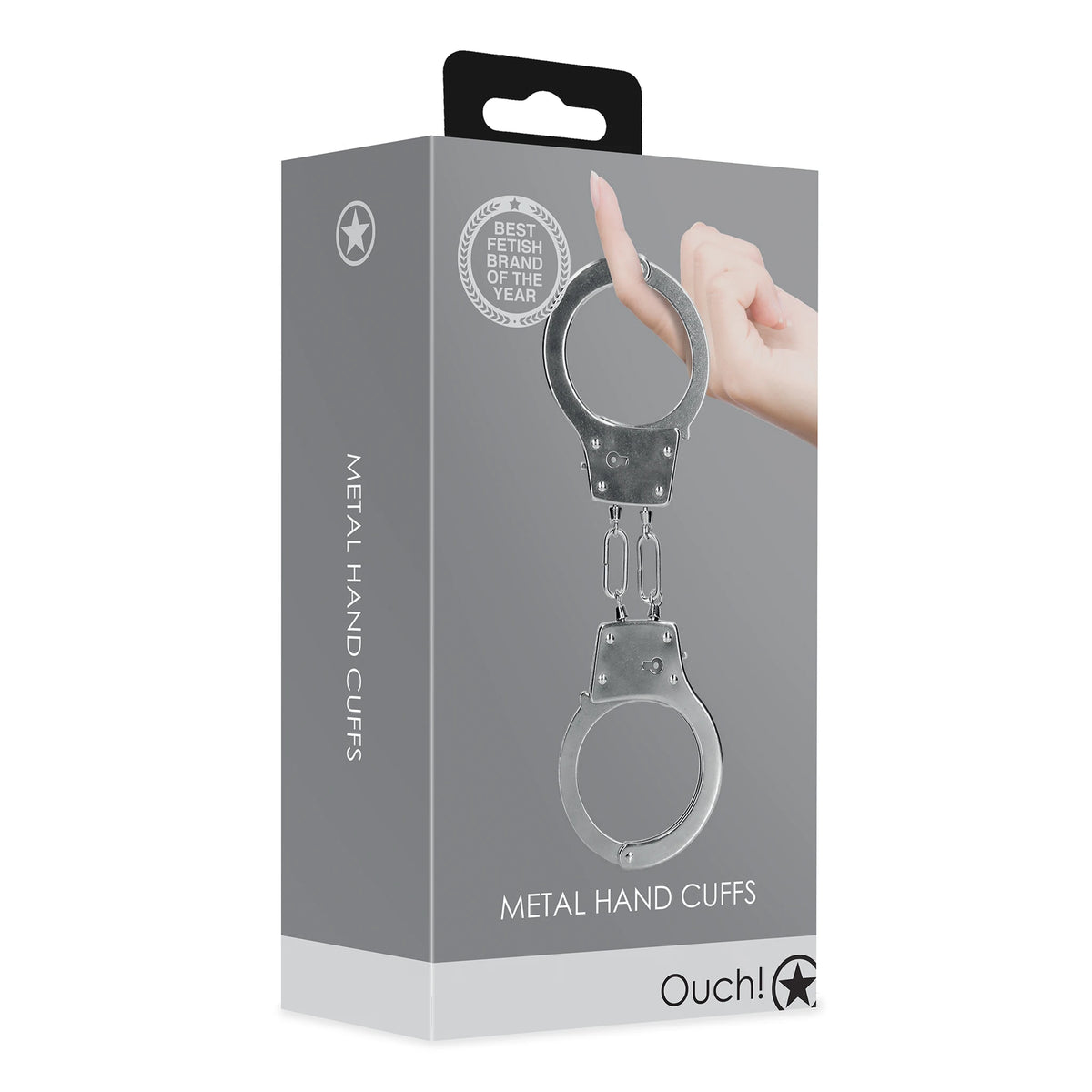 Сива кутия на метални white белезници Ouch! в сребристо с текст Metal Hand Cuffs, значка Best Fetish Brand и ръка на фона
