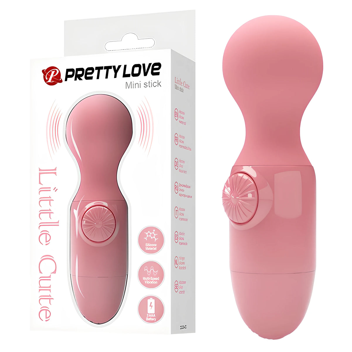 Мини масажор Little Cute Pink на Pretty Love в розово: кутията с надпис Mini stick и самият масажор с кръгъл бутон до нея