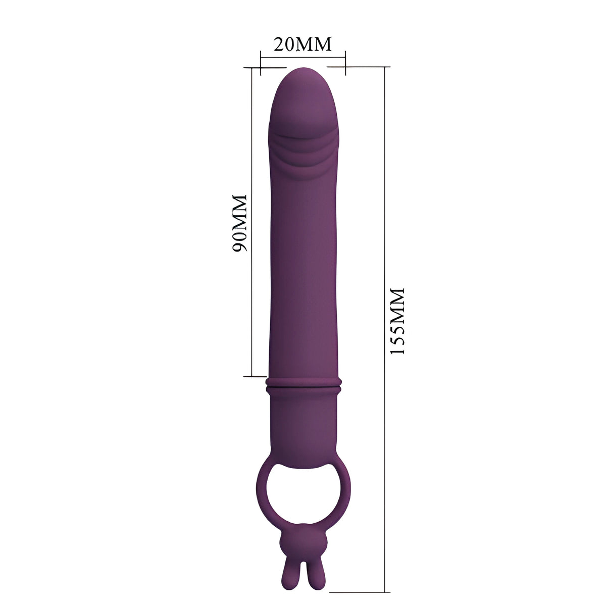 Размери на мини вибратор Cora в лилав цвят: дължина 155 мм, работна част 90 мм, диаметър 20 мм