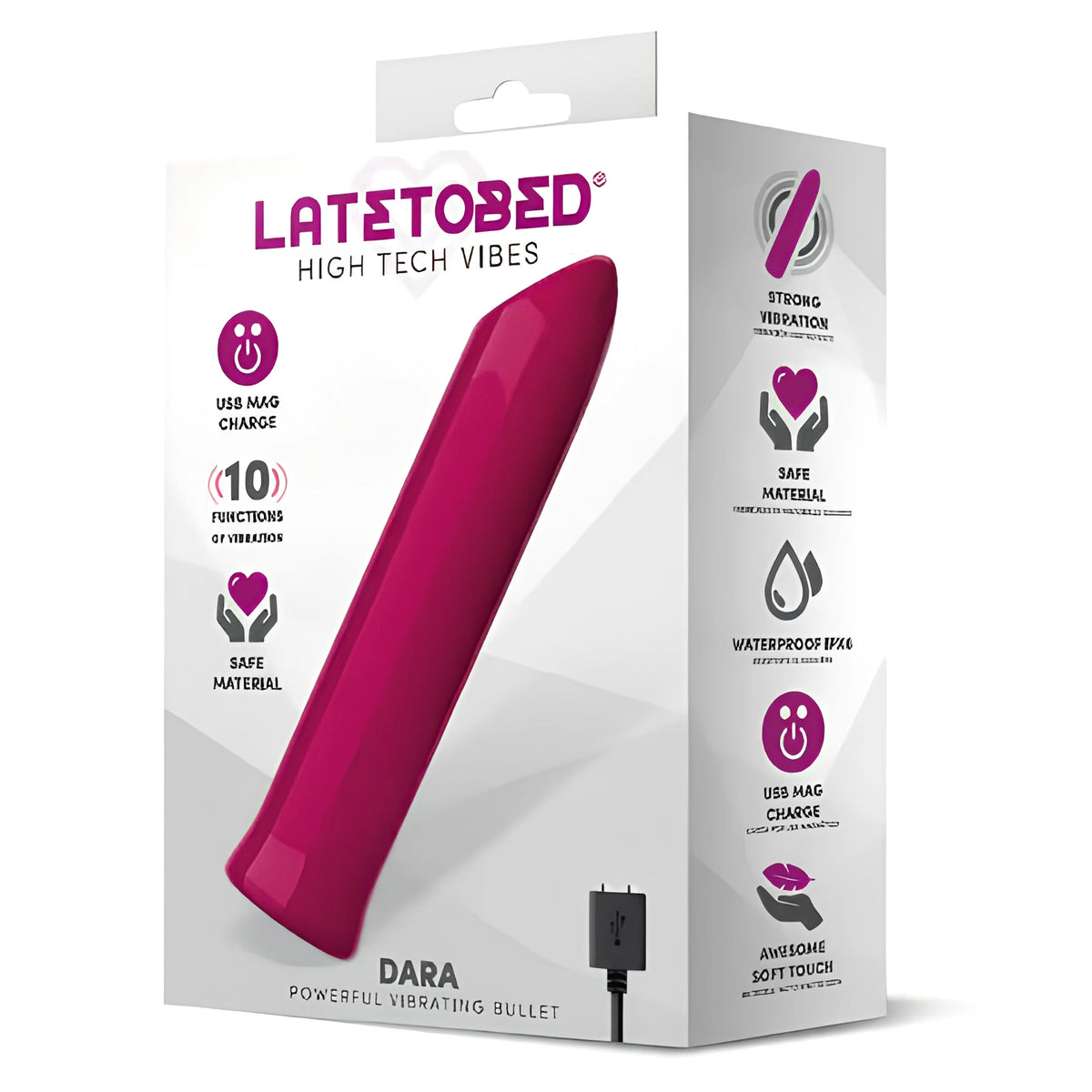 Кутията на мини вибратор Dara на LateToBed с розов вибратор през прозорец, USB кабел и икони за 10 функции, IPX8 и безопасен материал