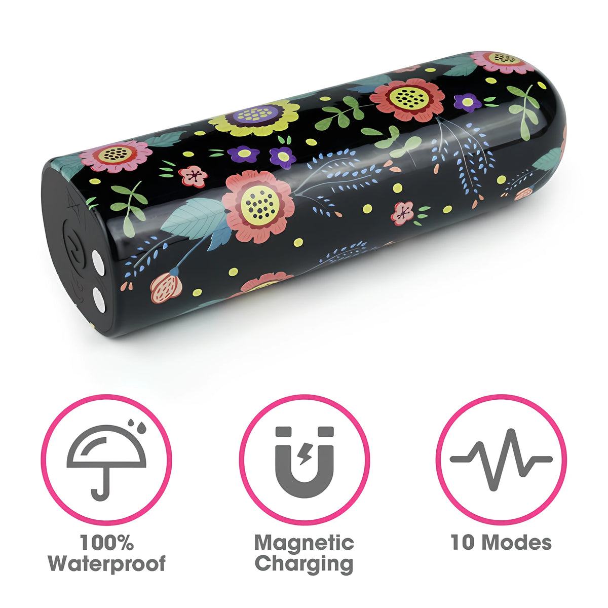 Мини вибратор Diana на Lovetoy с черен корпус и цветни цветя, с иконки: 100% водоустойчив, магнитно зареждане, 10 режима