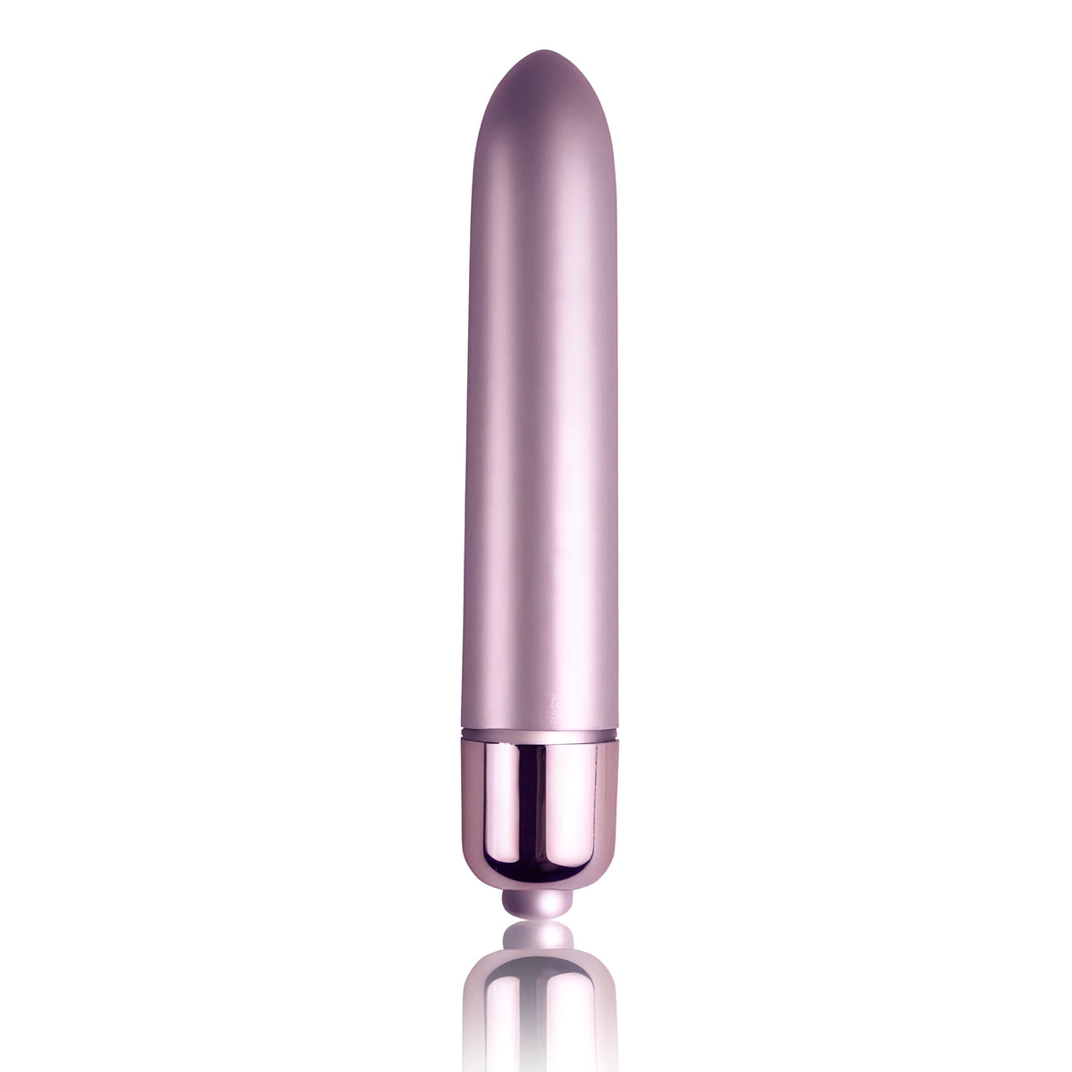 Мини вибратор Touch of Velvet Soft Lilac в люляков цвят, изправен, с матова повърхност и лъскава метална основа