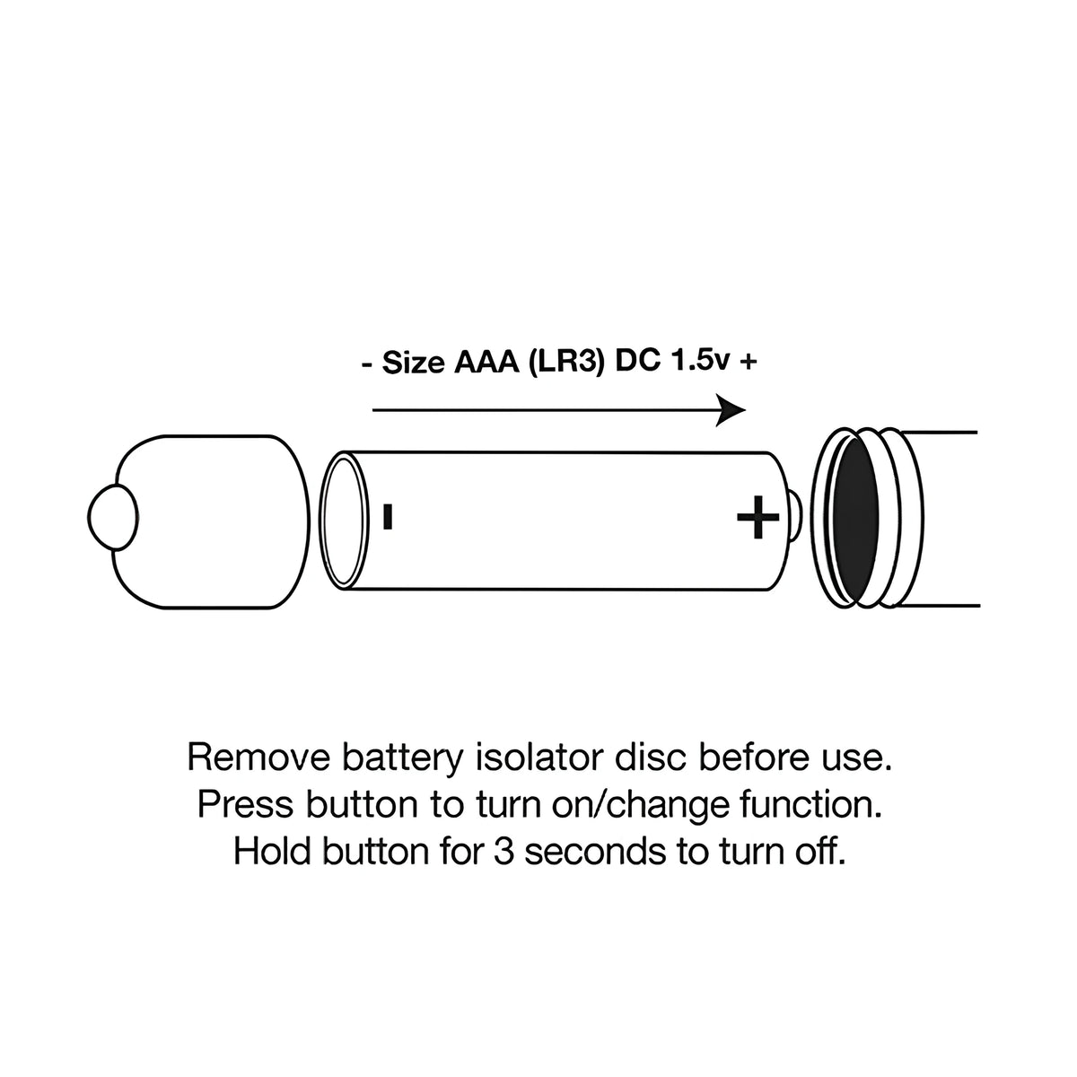 Схема за поставяне на една AAA (LR3) 1.5V батерия в Мини вибратор Touch of Velvet Soft Lilac, с инструкции за включване и изключване