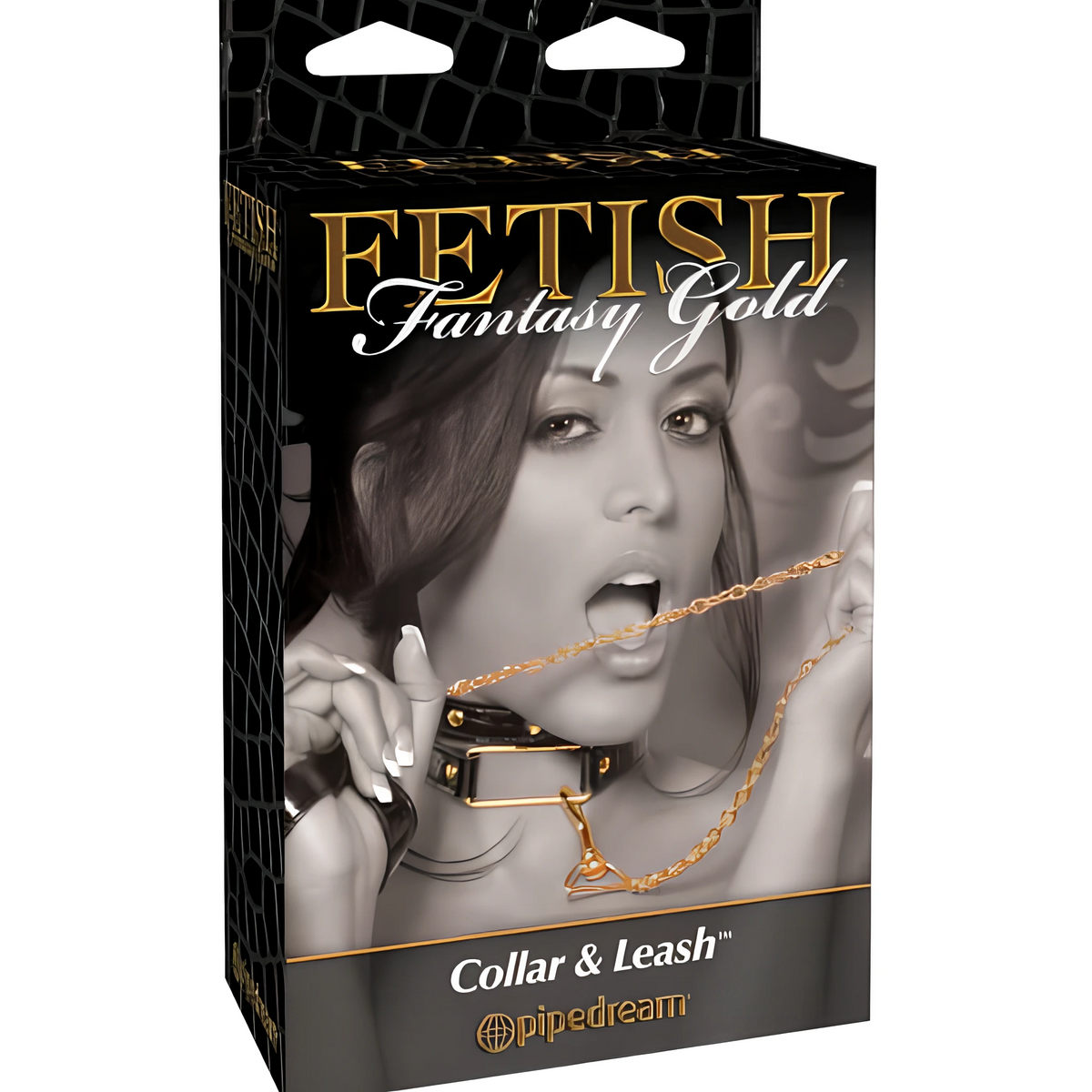 Черна кутия на Нашийник с повод Fetish Fantasy Gold на Pipedream, със златен надпис и черно-златен нашийник с верижка на лицевата страна