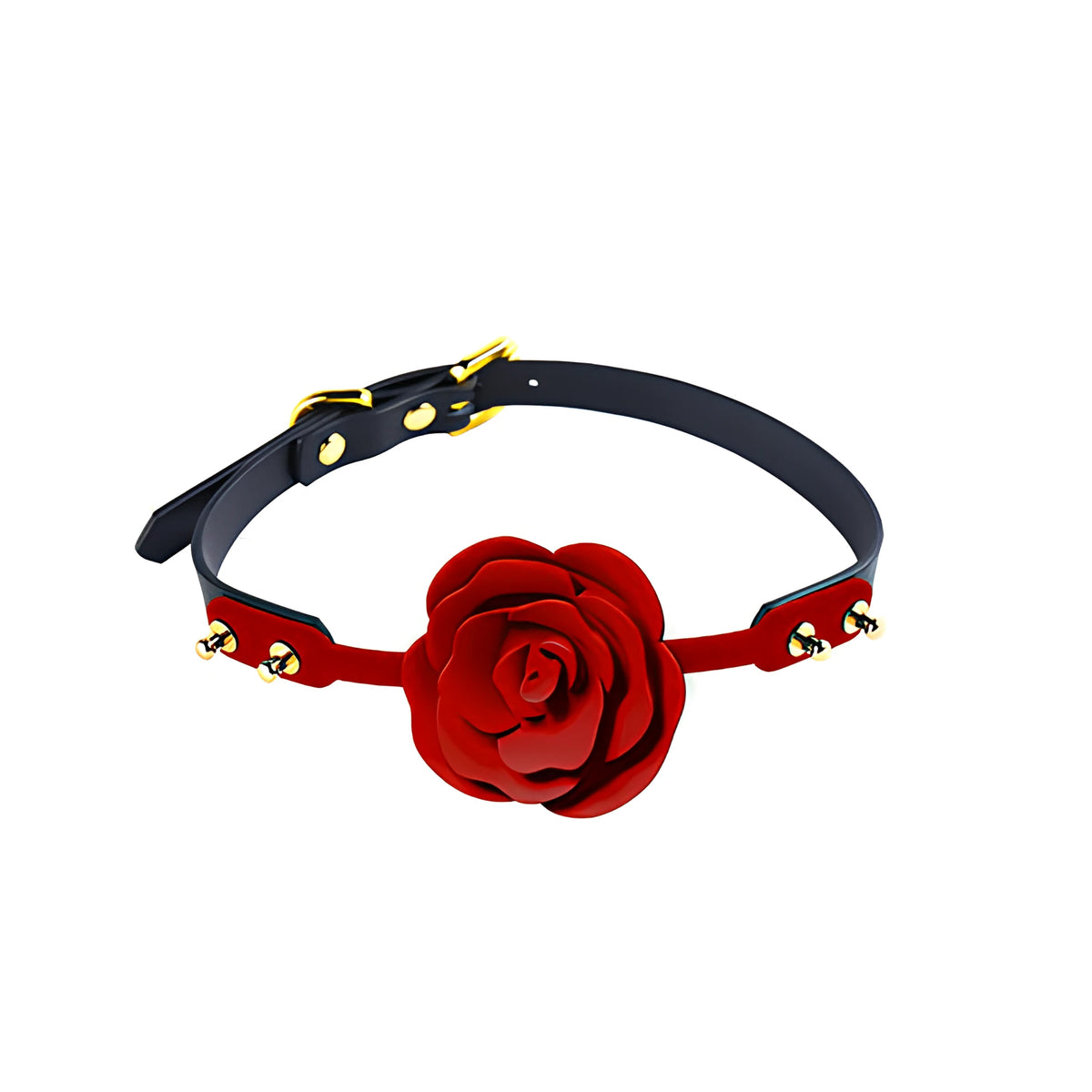 Наустник Rose Ball Gag на Zalo с голяма червена роза, черна каишка и златисти катарами и нитове, изглед отпред на бял фон
