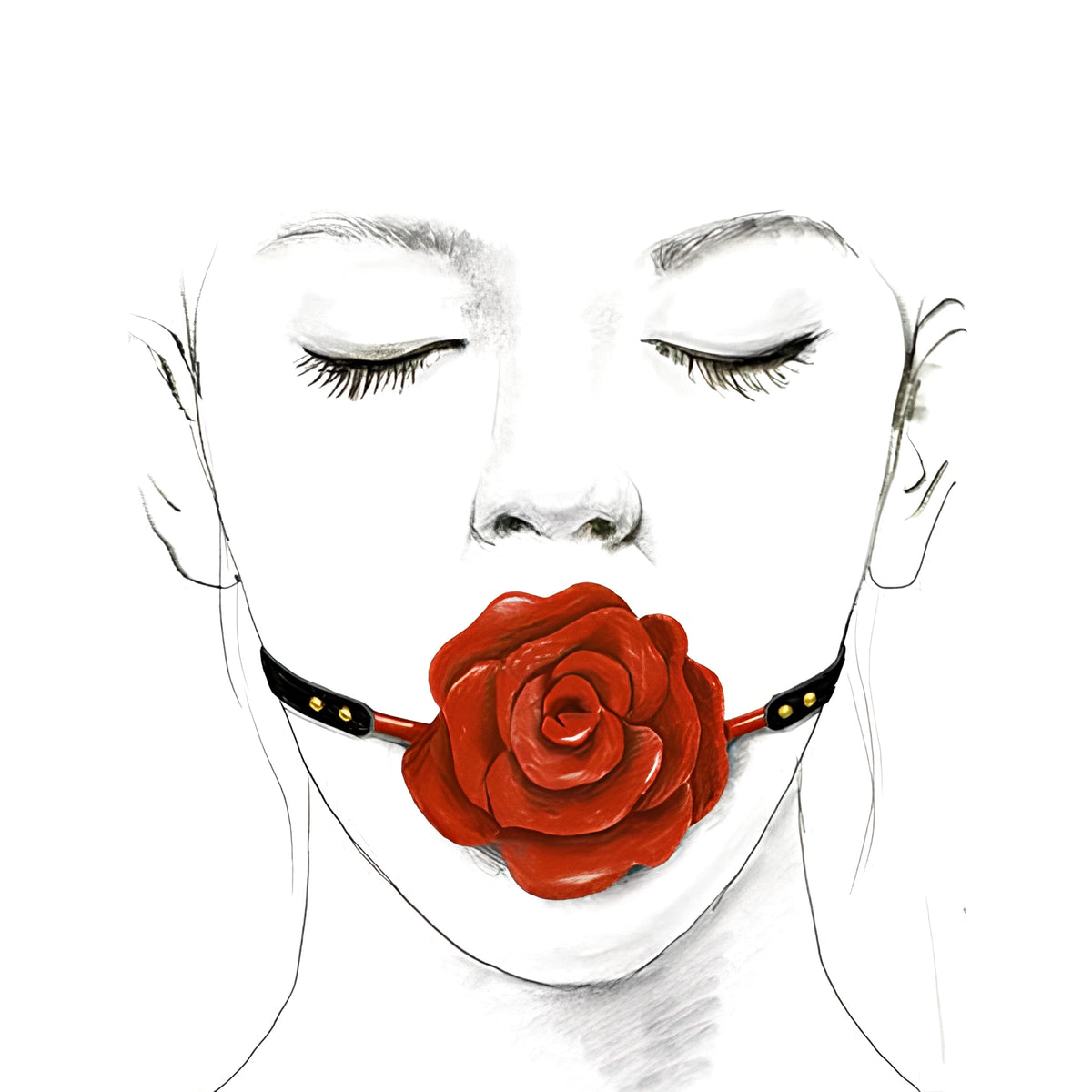 Наустник Rose Ball Gag на Zalo – илюстрация на лице със затворени очи и червена роза в устата, закрепена с черни каишки със златисти капси
