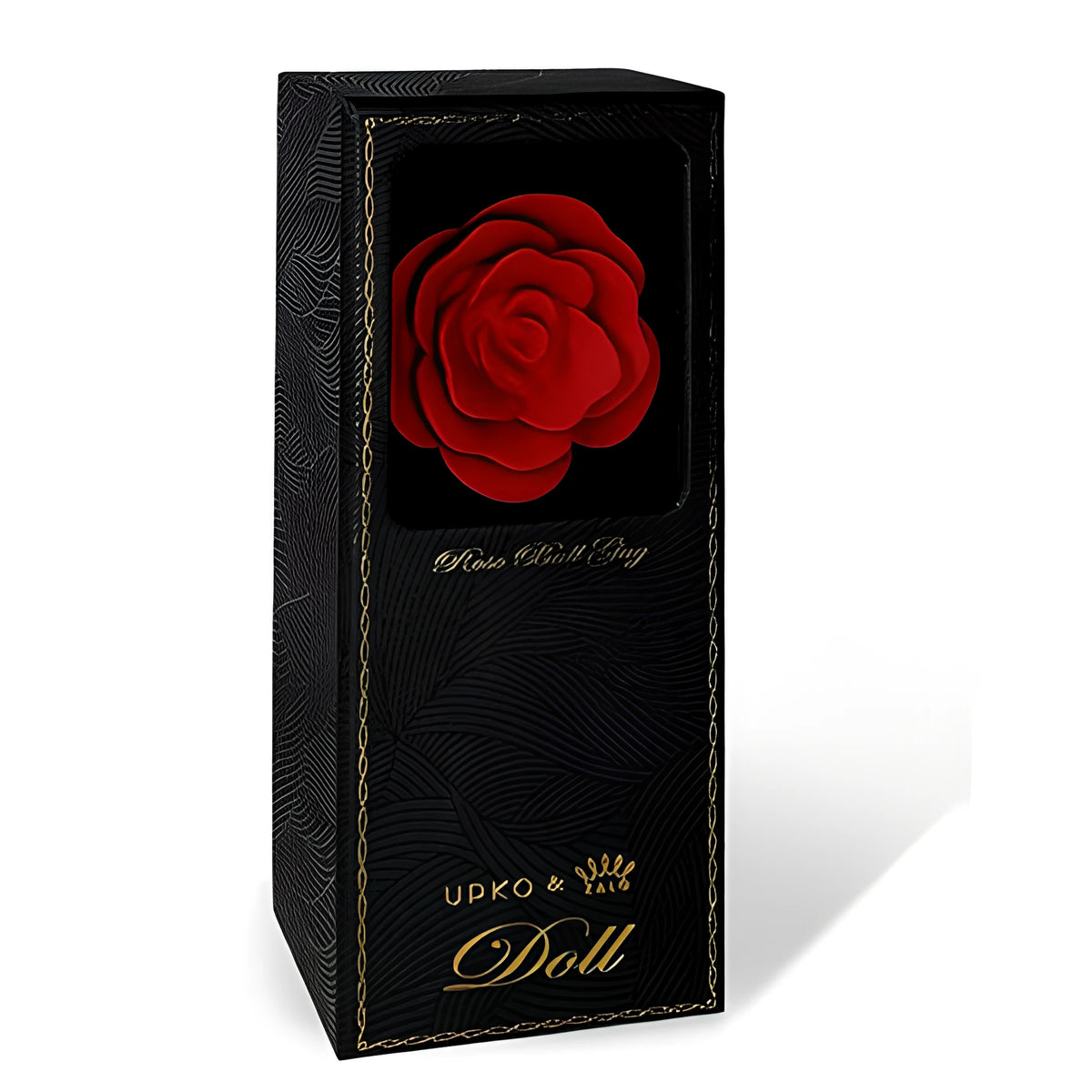 Черна кутия на Rose Ball Gag на Zalo с златен кант, прозорче с червена роза и надпис UPKO & Zalo Doll
