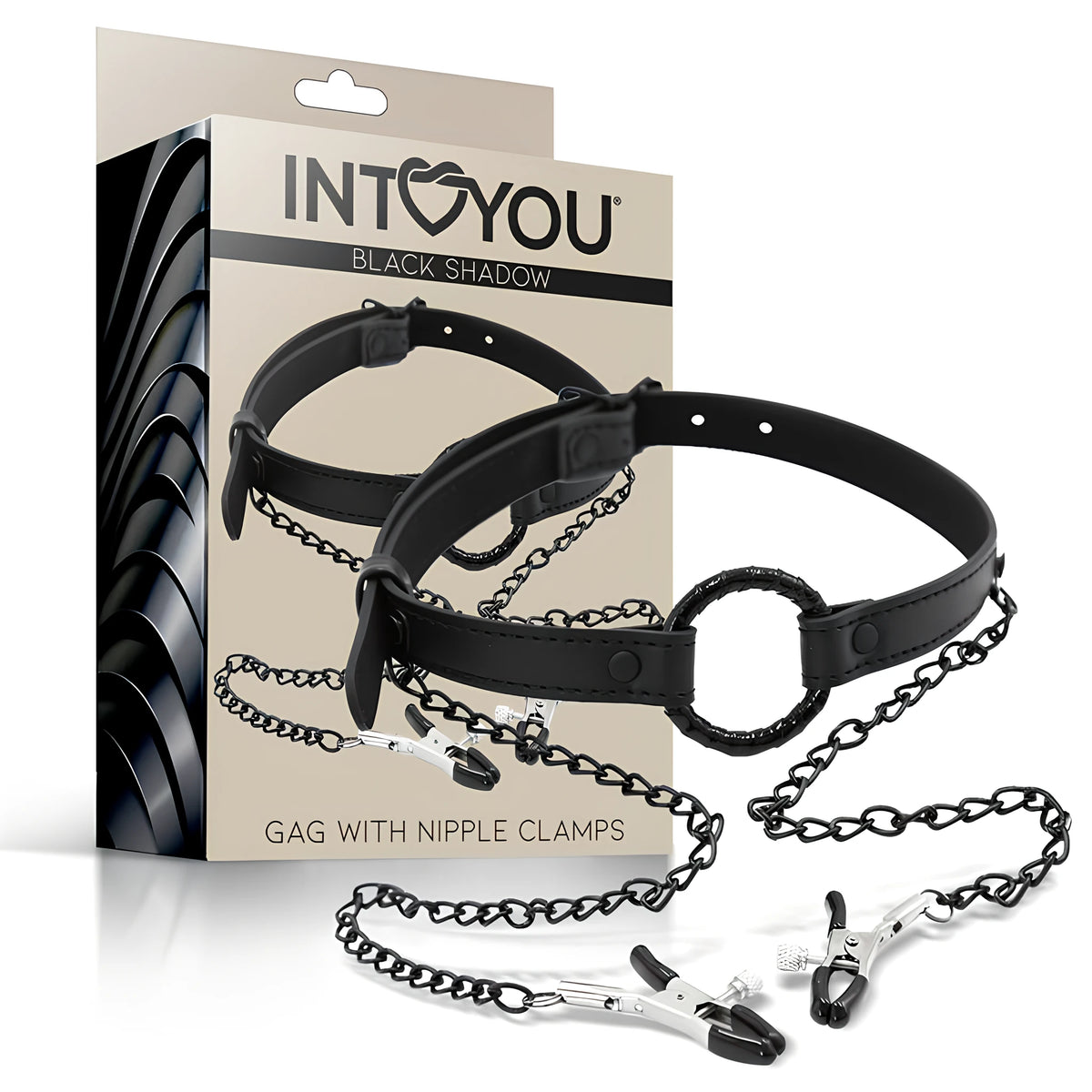 Наустник с щипки за зърна IntoYou Black Shadow: черна каишка с метален пръстен и вериги, пред бежавата кутия