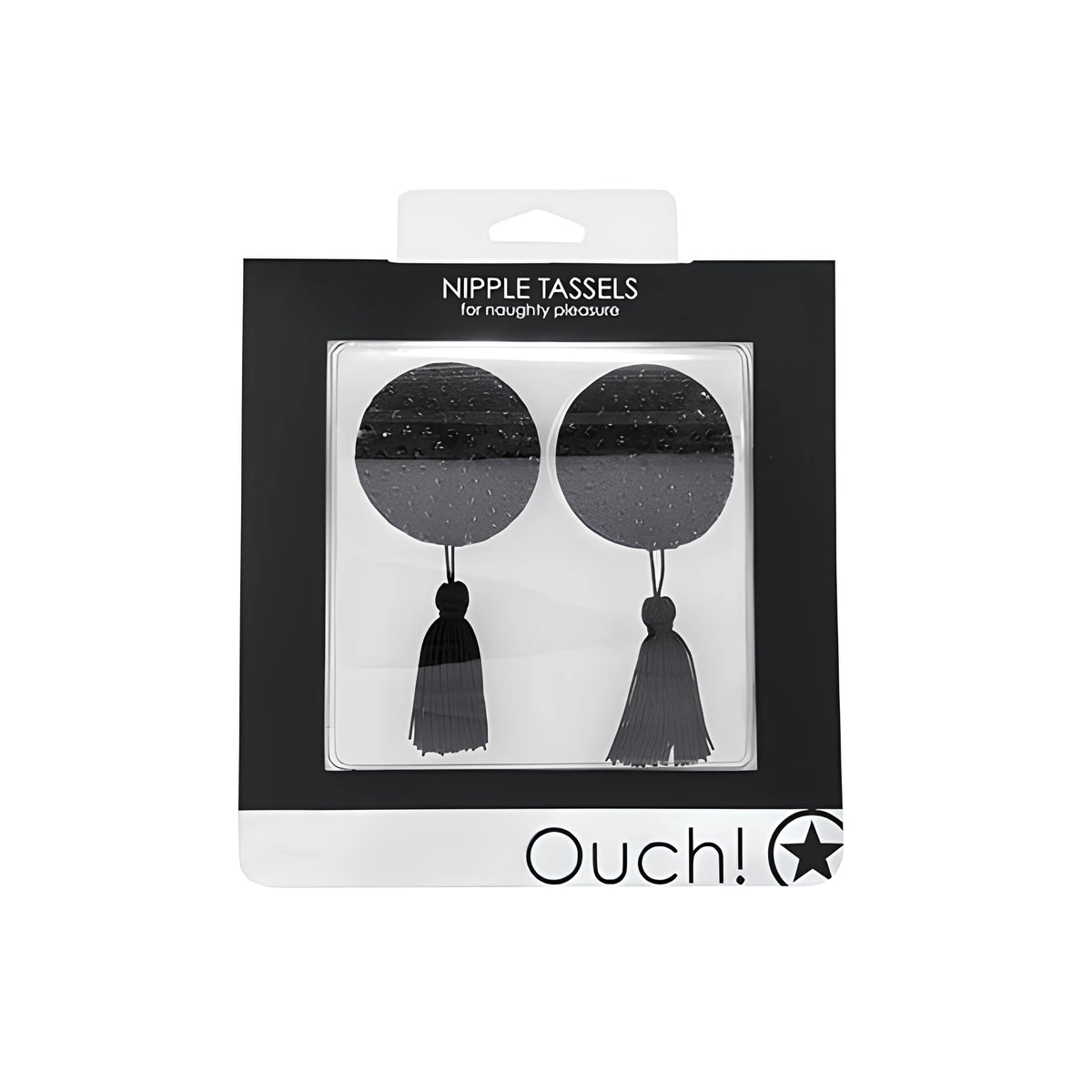 Кръгли черни пастиси с пискюли на Ouch! в кутия с прозрачен прозорец и надпис Nipple Tassels, for naughty pleasure