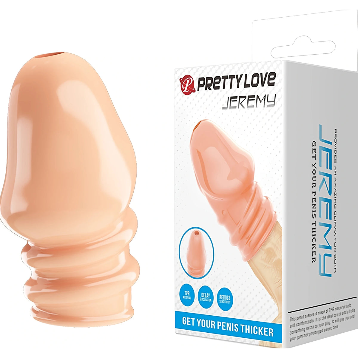 Телесен ръкав Jeremy на Pretty Love с релефни пръстени до кутията му с надпис Pretty Love Jeremy и Get your penis thicker