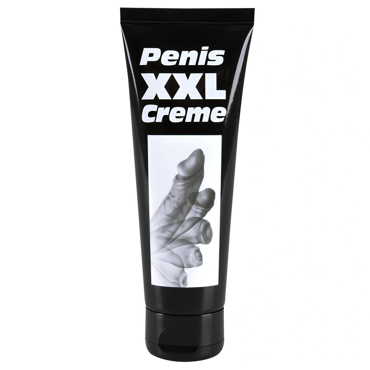 Черна туба Penis XXL Creme на Orion, 200 мл, с бял надпис и черно-бяла графика на бялото поле в долната част, поглед отпред
