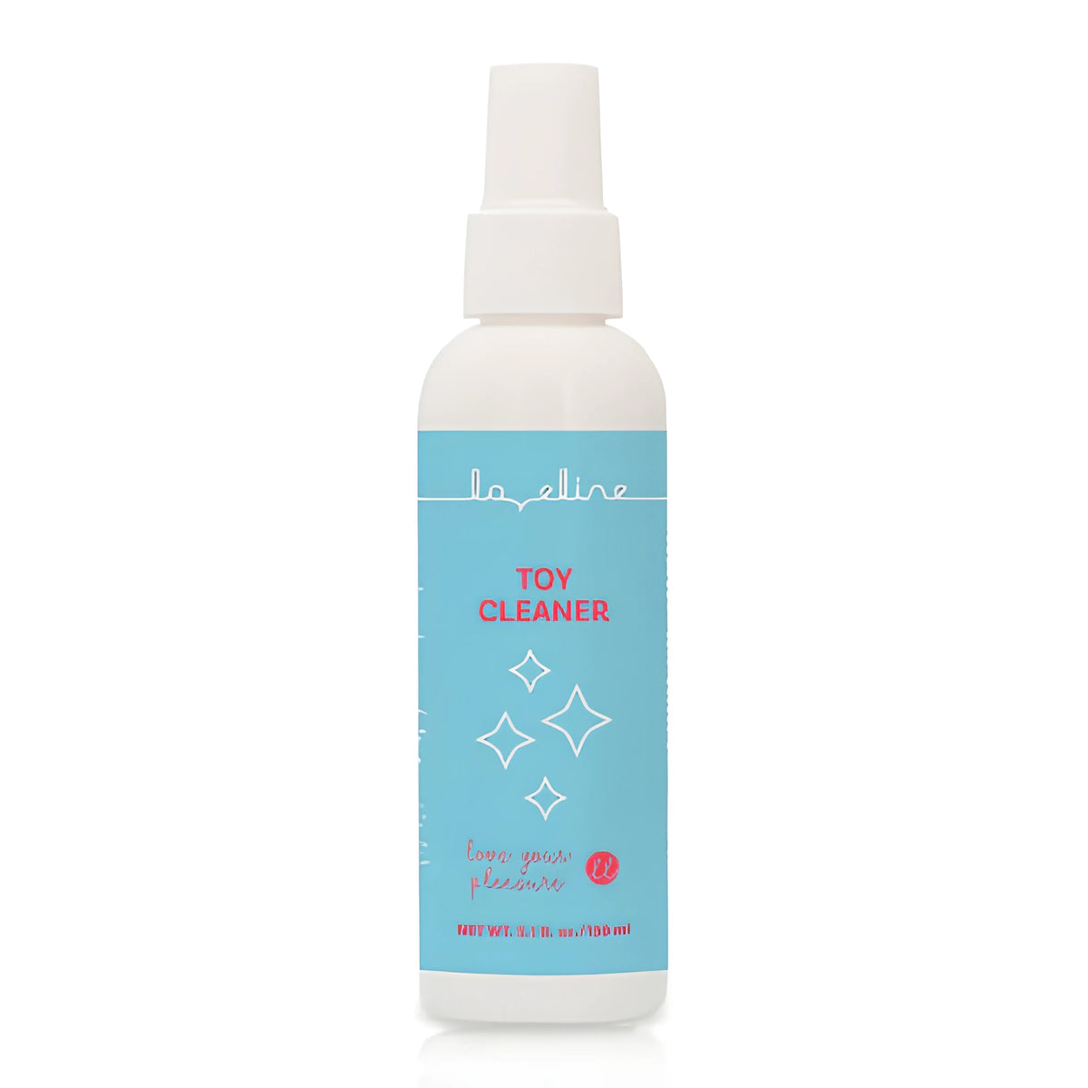 Бяла бутилка със спрей Loveline Toy Cleaner със синя етикетка, 100 мл, изглед отпред