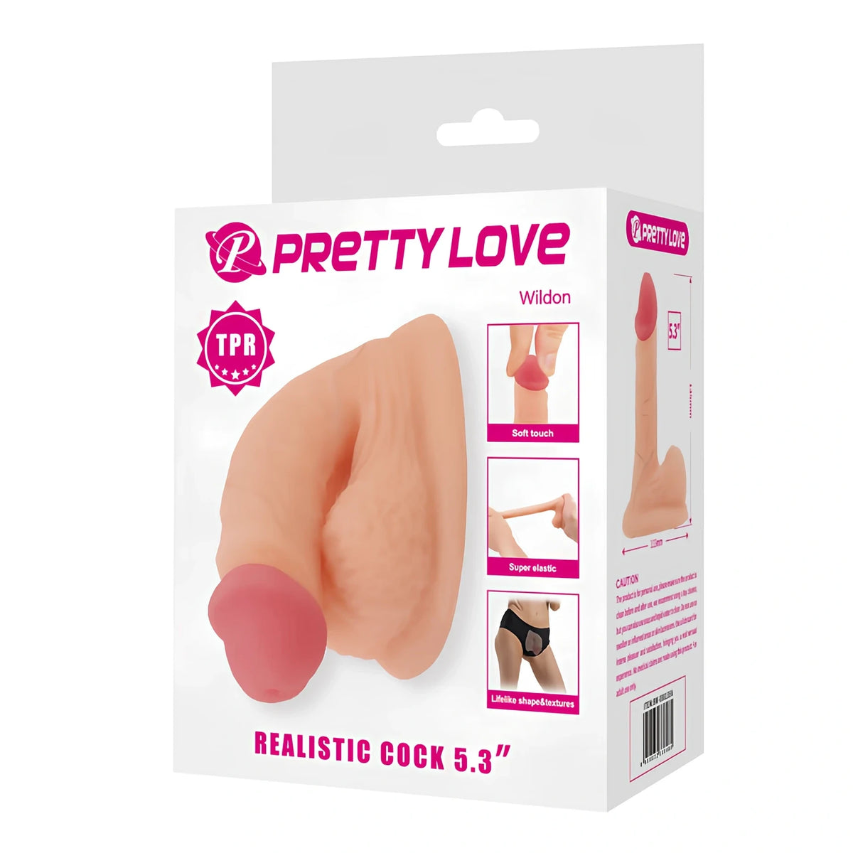 Кутия на PRETTY LOVE Wildon с надпис TPR и Realistic Cock 5.3", телесен силиконов продукт и три малки снимки на опаковката