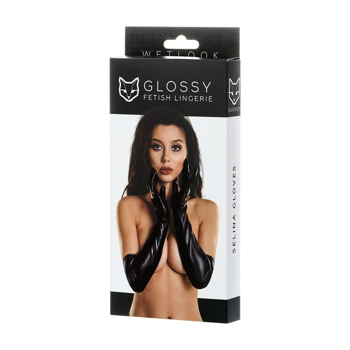 Кутия на дълги черни ръкавици Selina Wetlook на Glossy Fetish Lingerie с модел, носеща ръкавиците, и надпис Selina Gloves