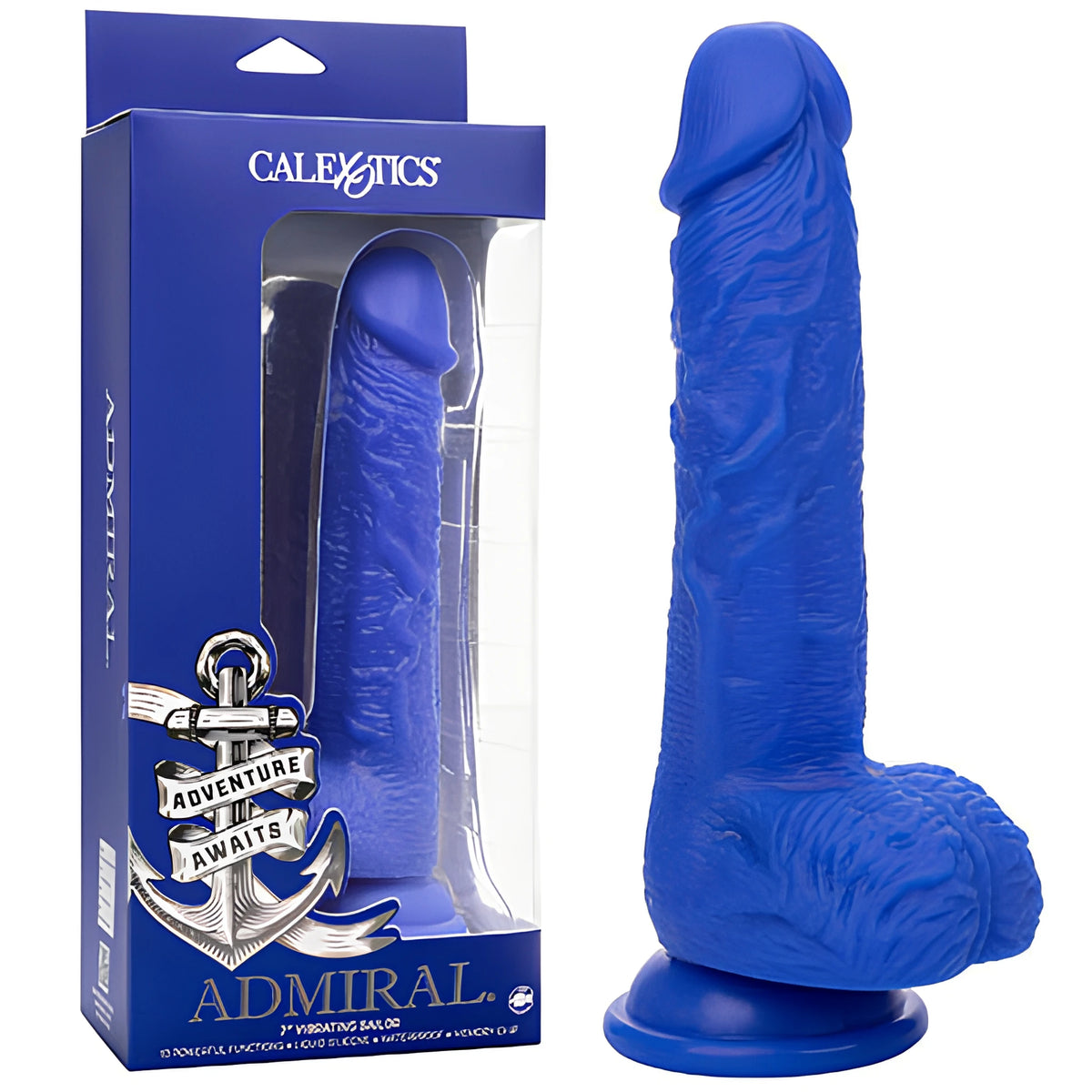Реалистичен вибратор Sailor в синьо с вендуза, до синя кутия на CalExotics от серията Admiral с котва и надпис „Adventure Awaits“