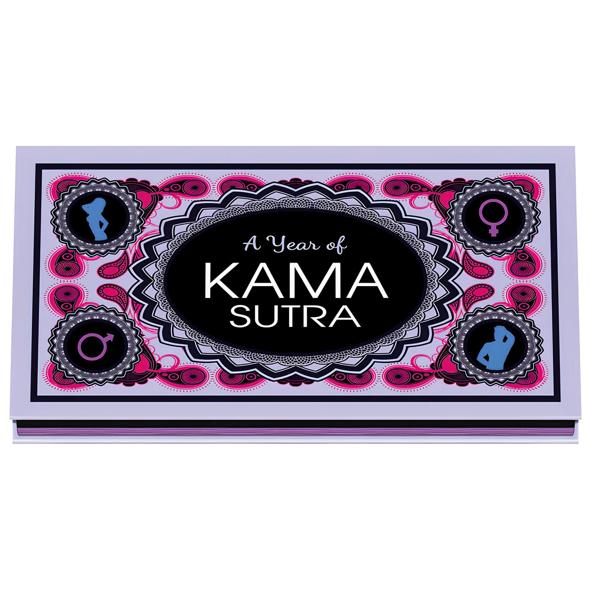 Предна страна на кутията на играта A Year of Kama Sutra с розово-лилав шарен орнамент и символи за мъж и жена