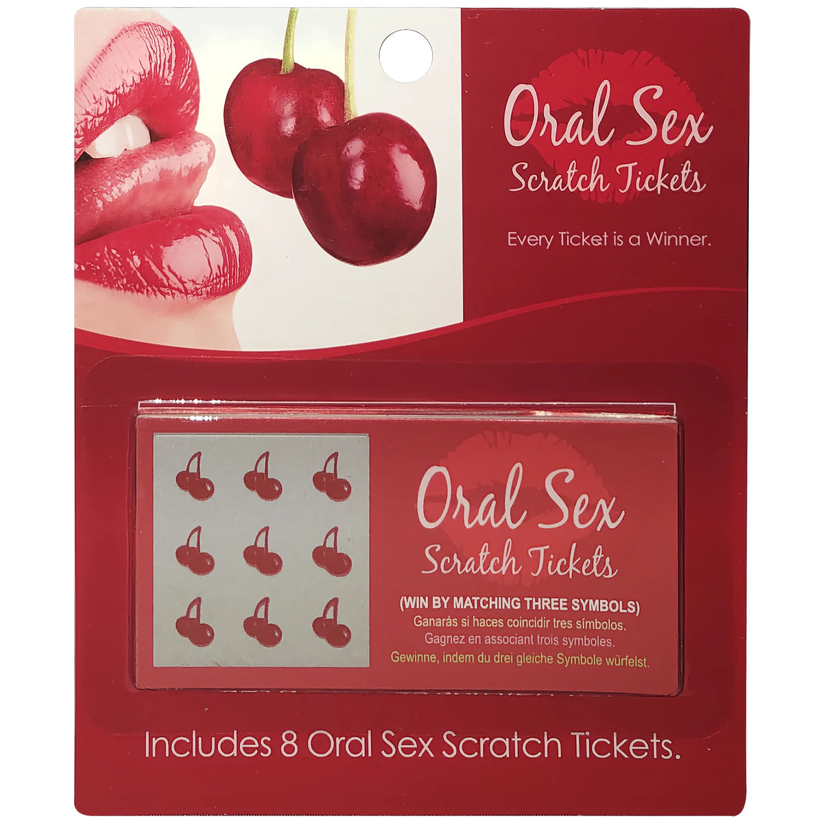 Червена опаковка на играта Oral Sex Scratch Tickets с череши, устни и билетче с девет символа; надпис: включва 8 билета