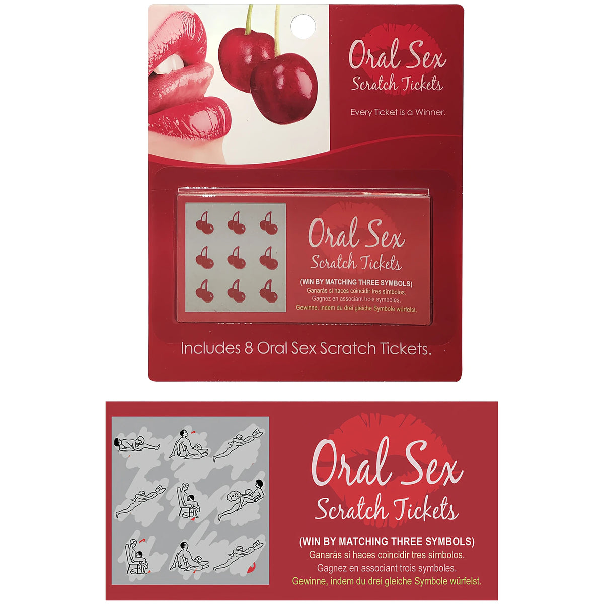 Опаковка и билетче от играта Oral Sex Scratch Tickets: червена картичка с череши, надпис „Includes 8 Oral Sex Scratch Tickets“ и близък план на билетче