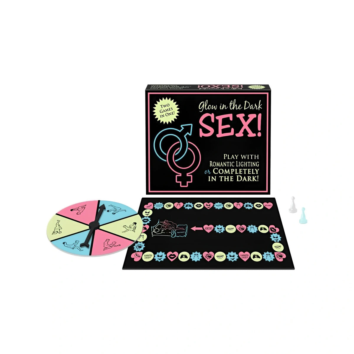 Кутия на играта Glow in the Dark Sex! на Kheper Games с въртележка в цветни сегменти, черно игрално поле и две фигурки
