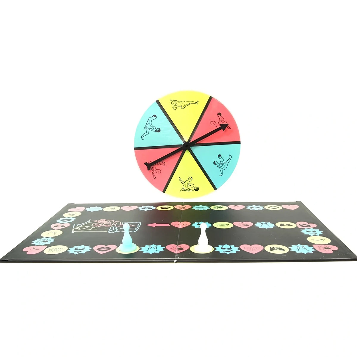 Секс игра Sex glow in the dark на Kheper Games: черна дъска с цветни полета, две фигурки и въртележка с шест цветни сектора