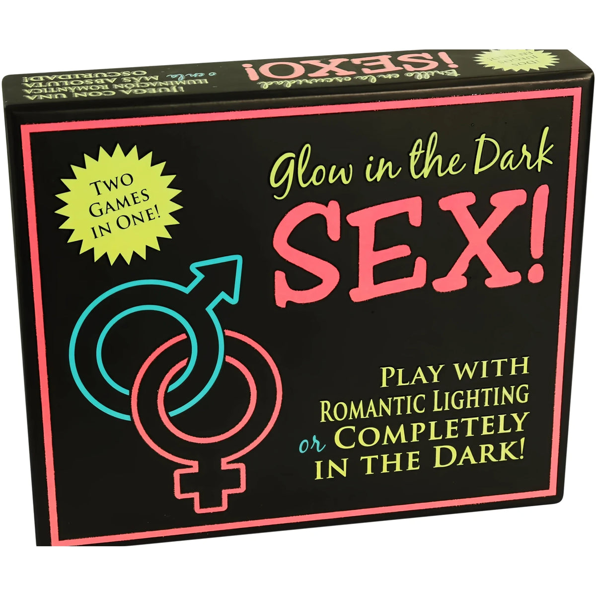 Черна кутия на играта Glow in the Dark SEX! на Kheper Games с розов надпис, символи и текст „Two games in one!“
