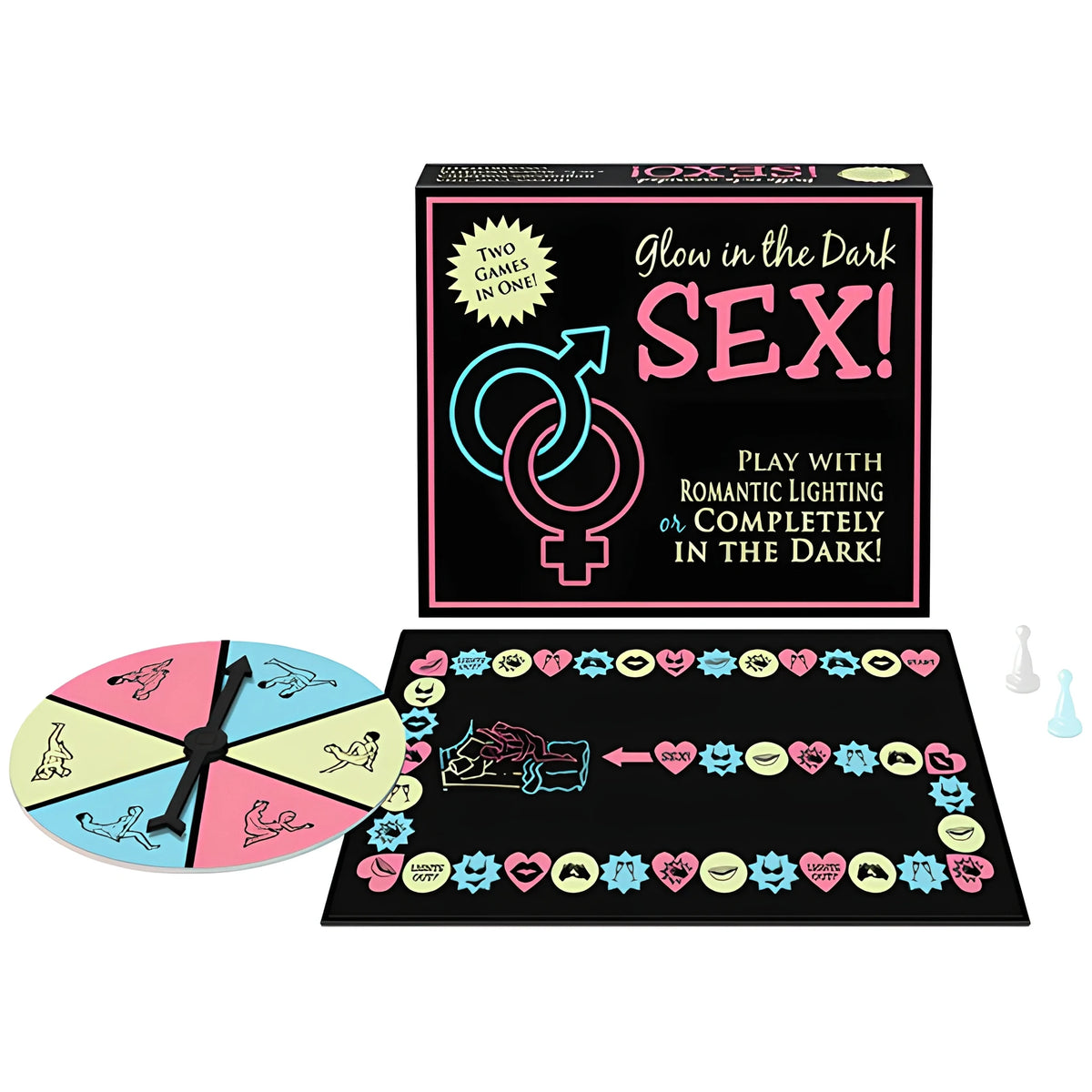 Кутията на играта Glow in the Dark Sex! на Kheper Games с игралното табло, въртящо колело и две фигурки пред нея