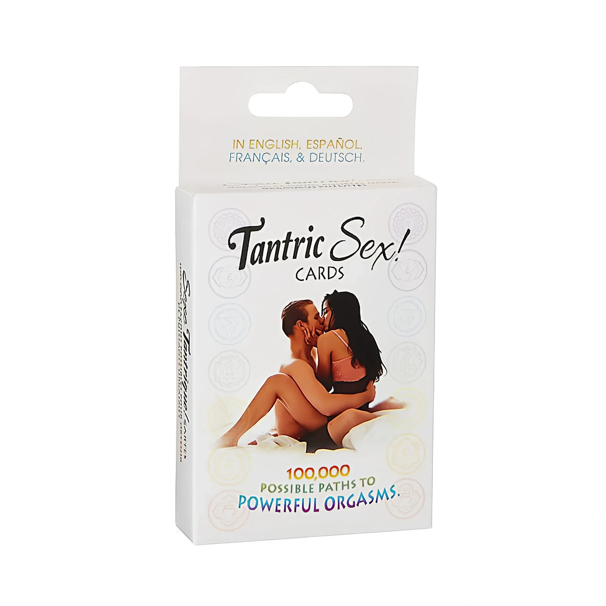 Предна страна на кутията на играта Tantric Sex! Cards на Kheper Games с целуваща се двойка и надпис за 100 000 възможности, на четири езика